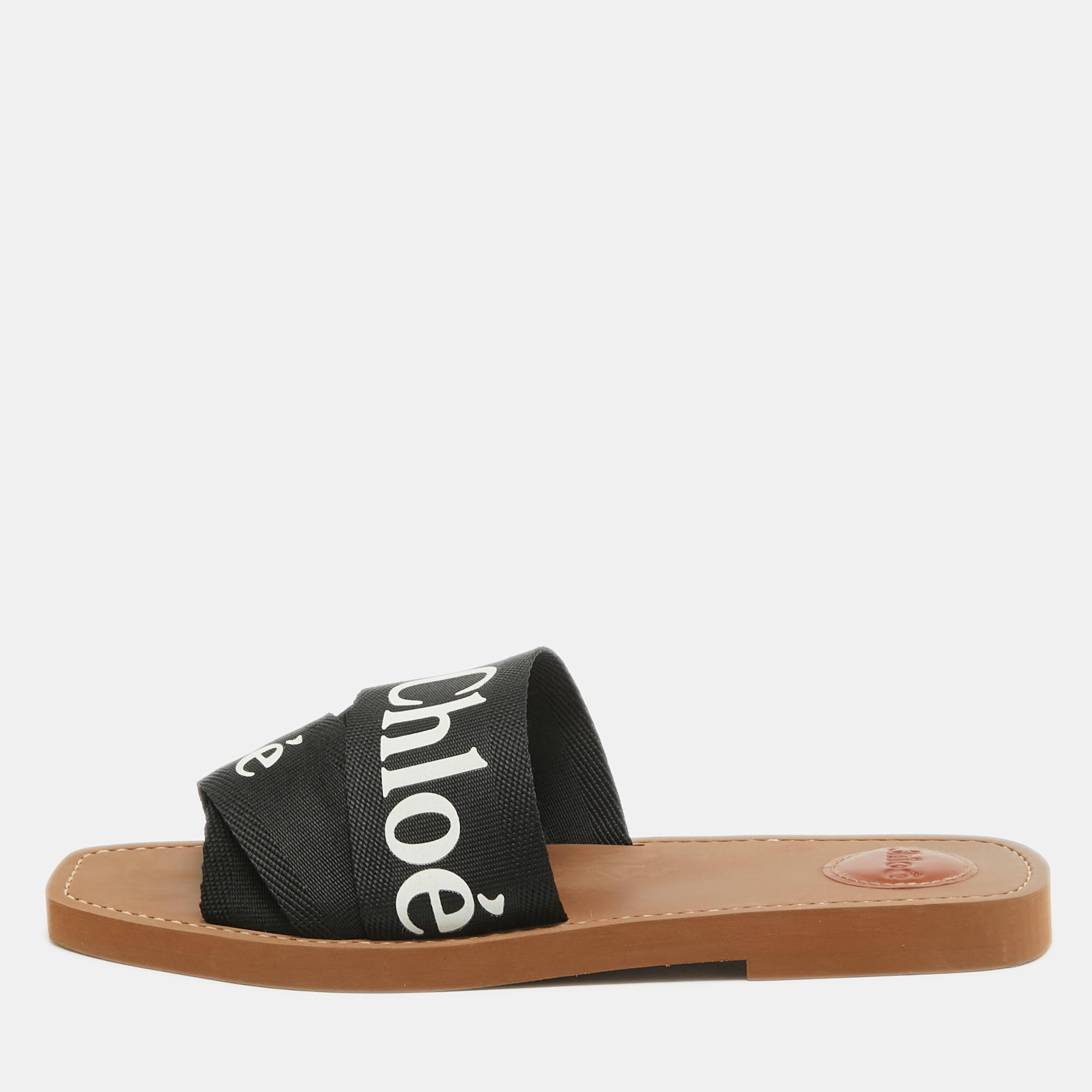 مملوكة مسبقًا Chloe Black Logo Canvas Woody Flat Slides Size 41