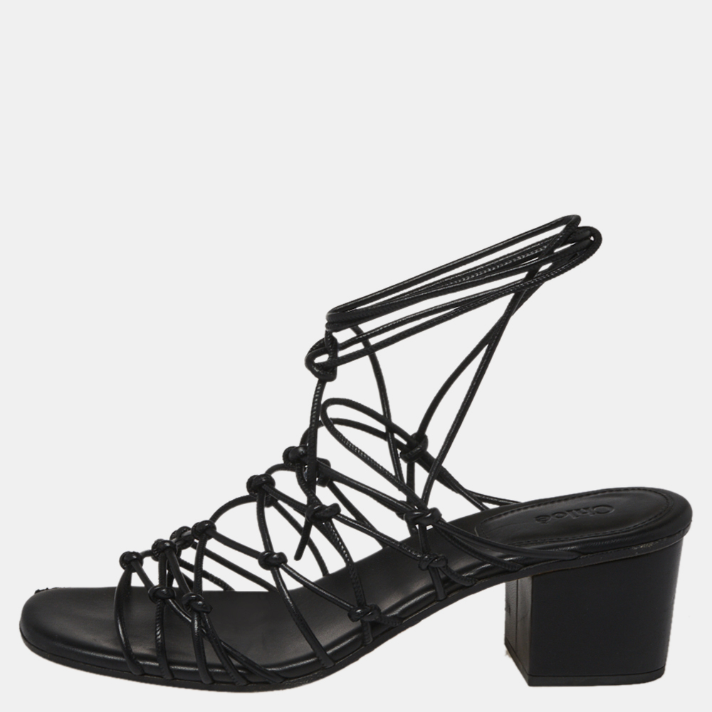 

Chloe Black Leather Jamie Knot Ankle Wrap Sandals Size