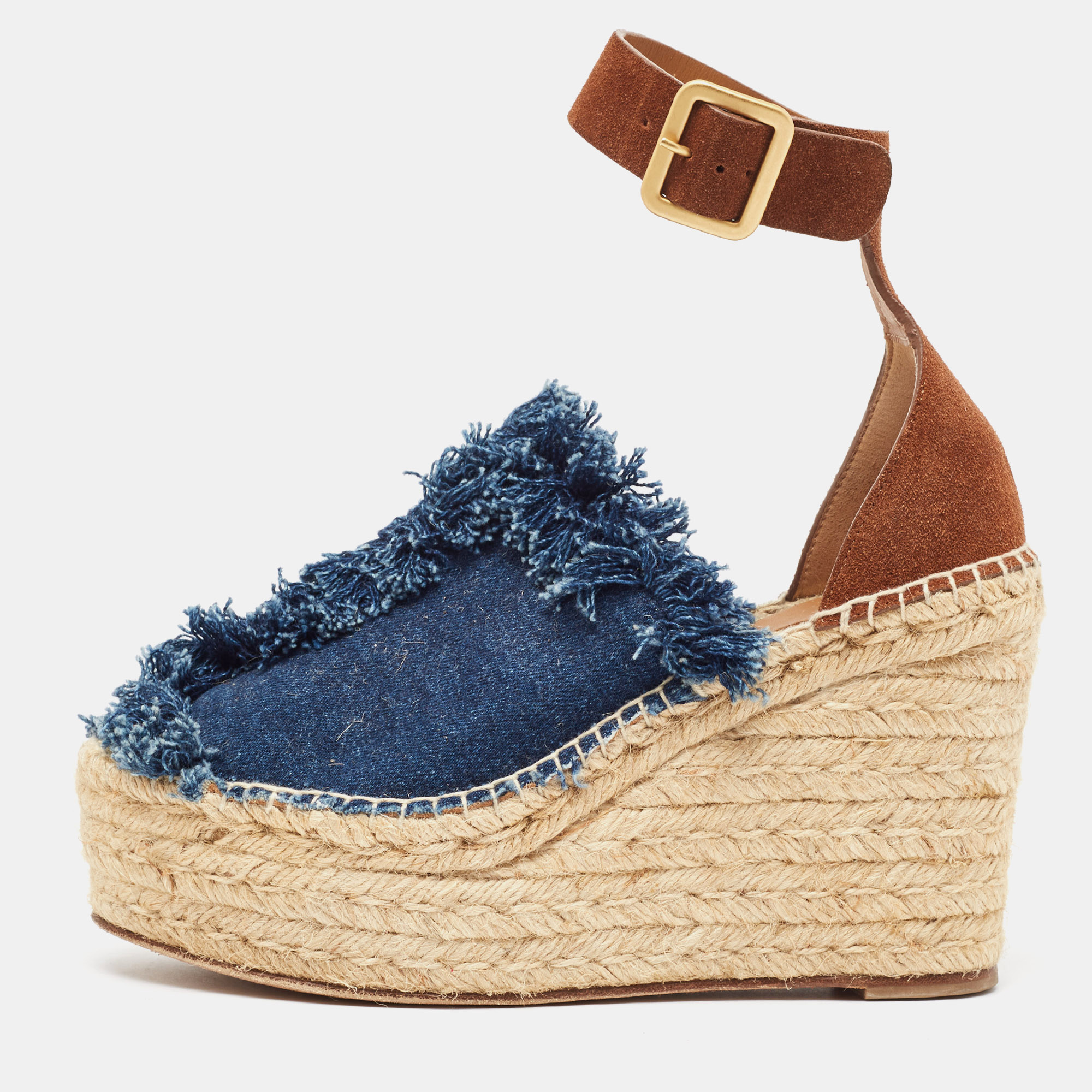 Pre-owned Chloé Navy Blue/brown Denim And Suede Espadrille Wedge Ankle Strap Sandals Size 39