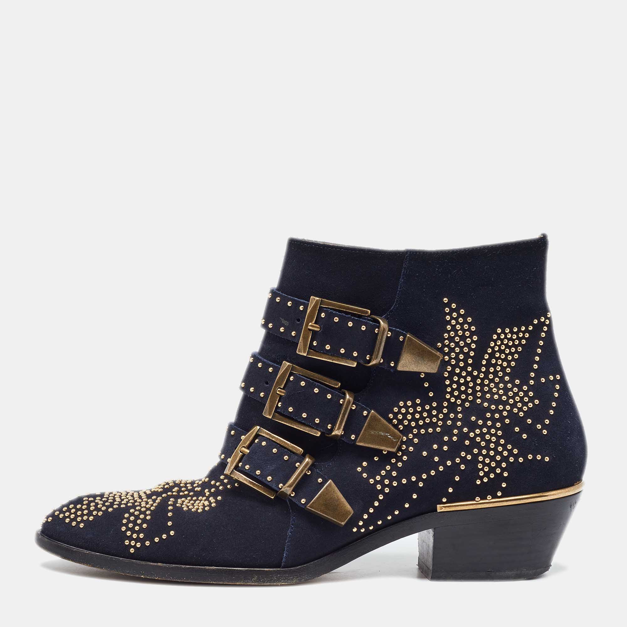 

Chloe Blue Suede Western Studded Buckle Detail Ankle Boots Size
