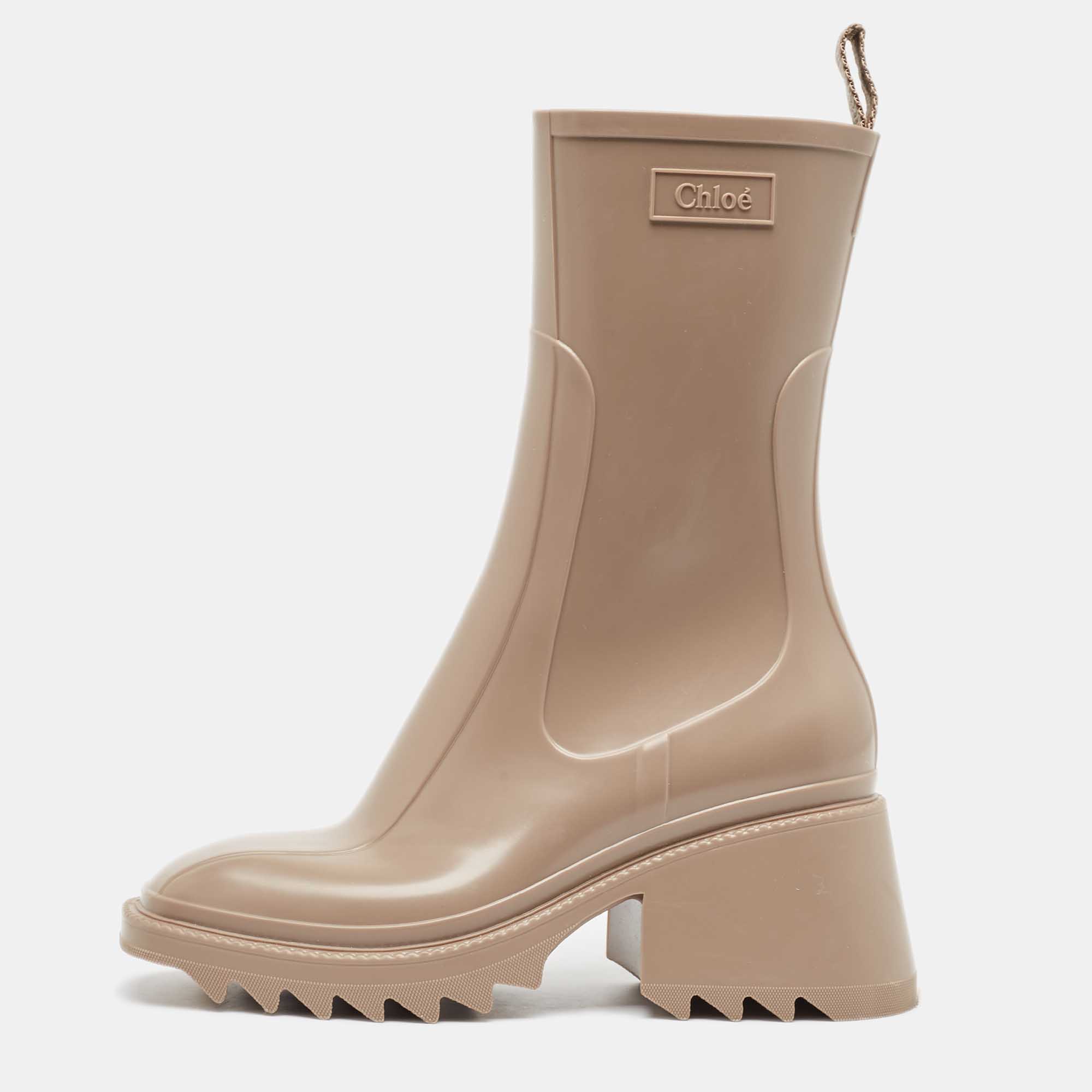 

Chloe Beige Rubber Mid Calf Rain Boots Size, Brown