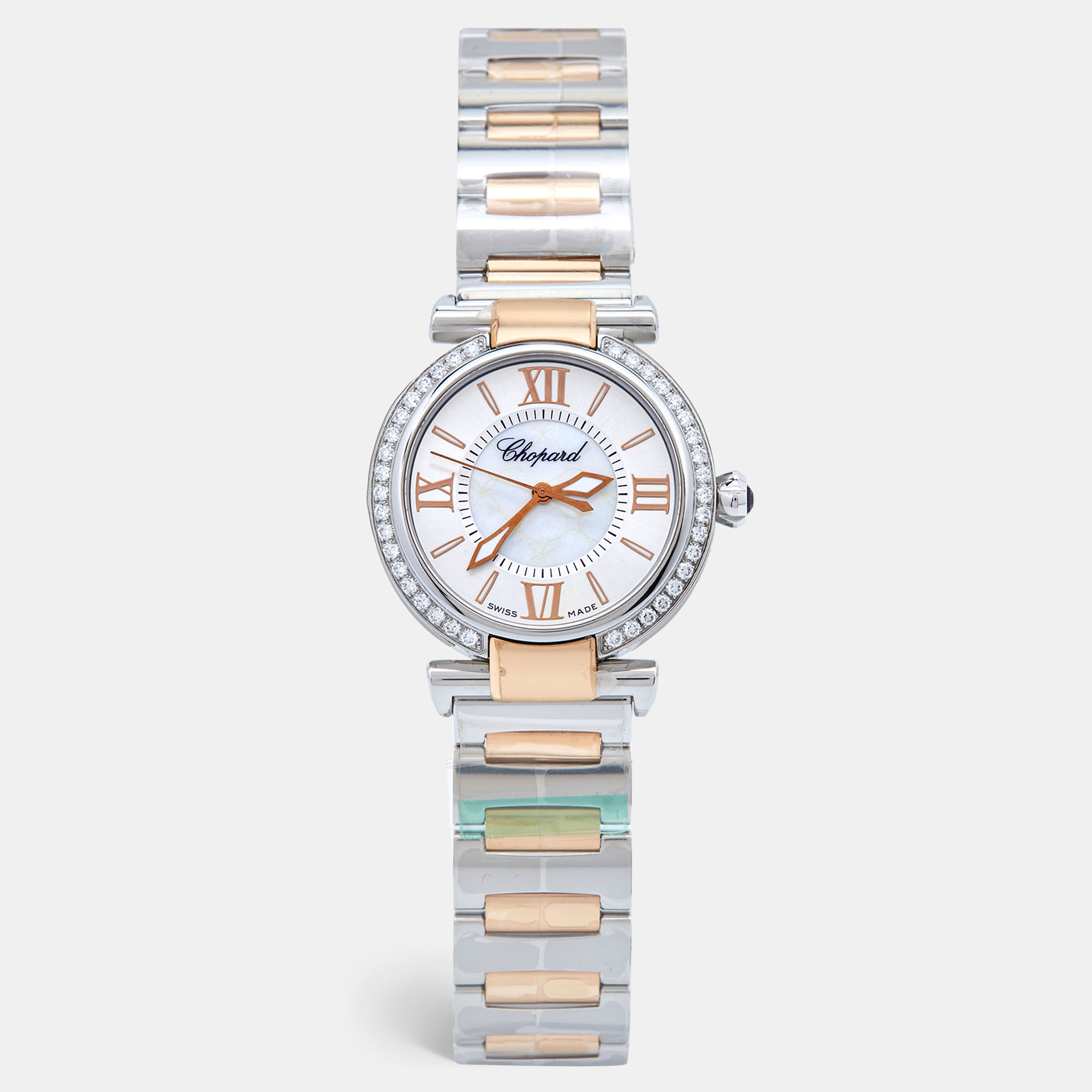 Pre-owned Chopard Mother Of Pearl Diamond 18k Rose Stainless Steel Imperiale 388563-6008 Women's Wristwatch 29 Mm In Silver