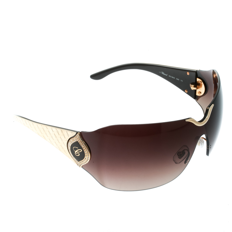 Chopard Gold Brown Gradient Embossed SCH 883S Crystal Embellished Shield Sunglasses