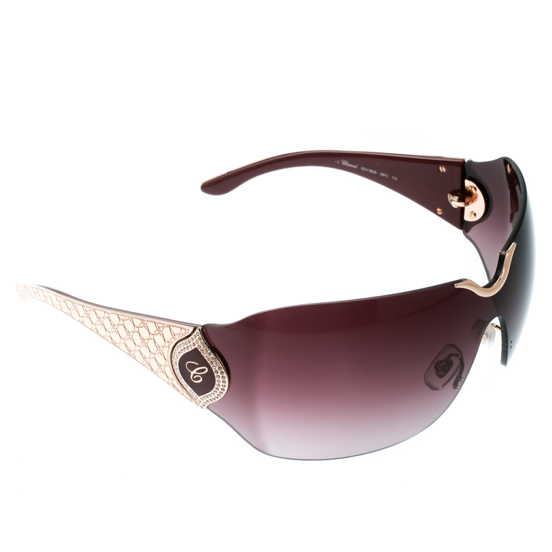 Chopard Gold/Burgundy Gradient SCH 883S Crystal Embellished Shield Sunglasses