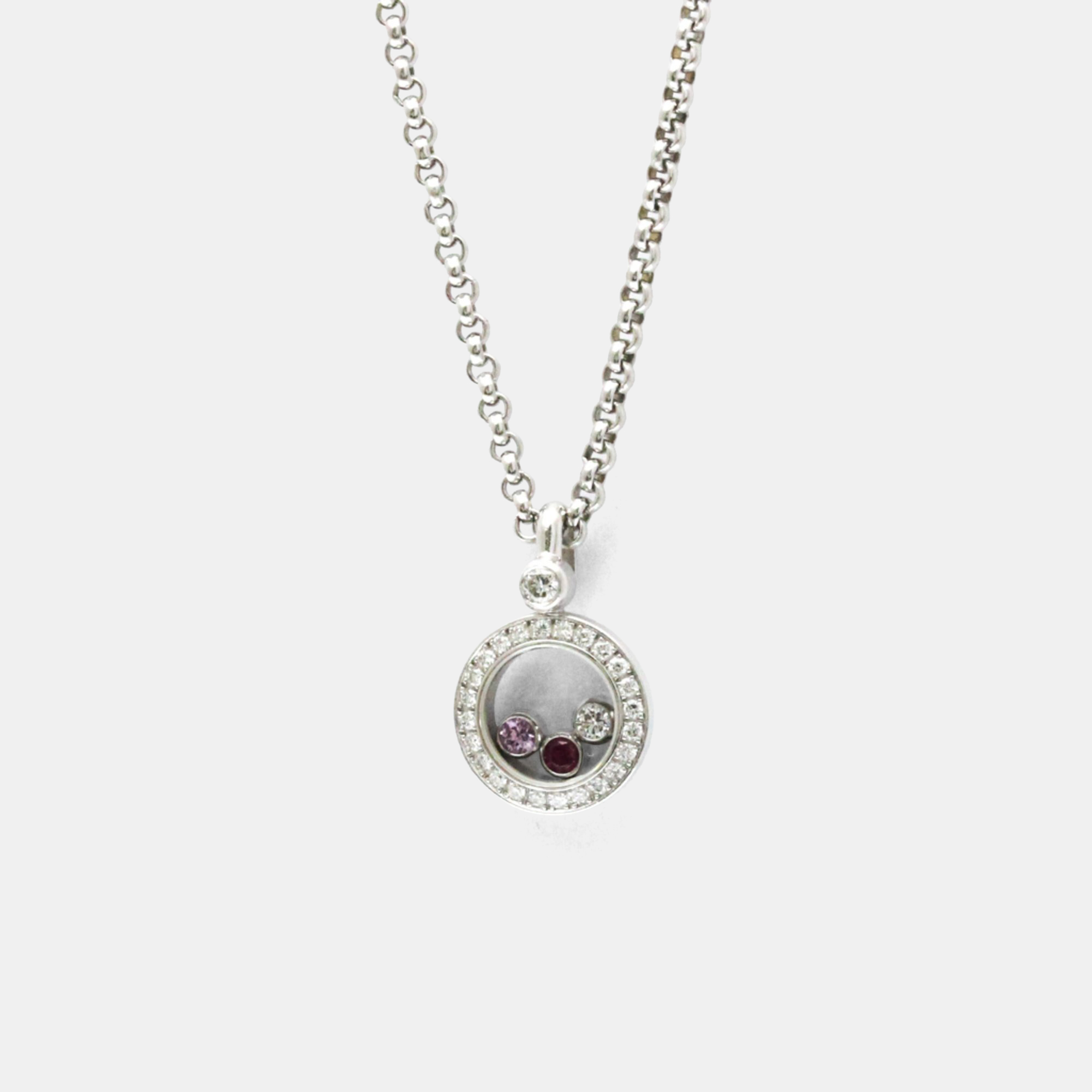 Pre-owned Chopard Happy Diamonds 18k White Gold Diamond Ruby Sapphire Necklace