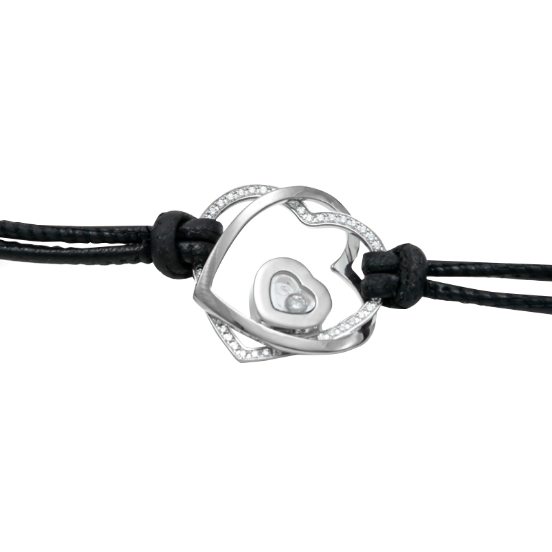 

Chopard 18K White Gold Happy Diamond Hearts On Black Cord Bracelet