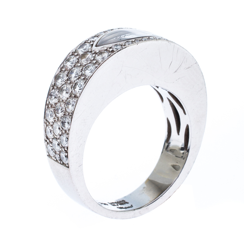 Pre Owned Chopard Happy Diamond Lozenge Shaped 18K White Gold Cocktail Band Ring Size 55