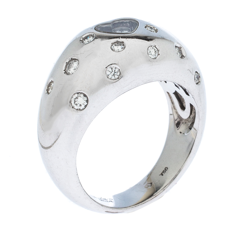 Chopard Happy Diamond Heart 18k White Dome Ring Size 55