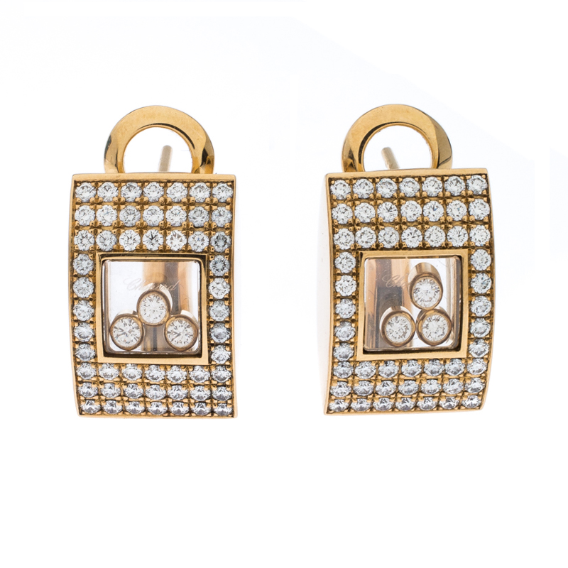Pre Owned Chopard Happy Diamonds Pave 18k Yellow Gold Stud Earrings