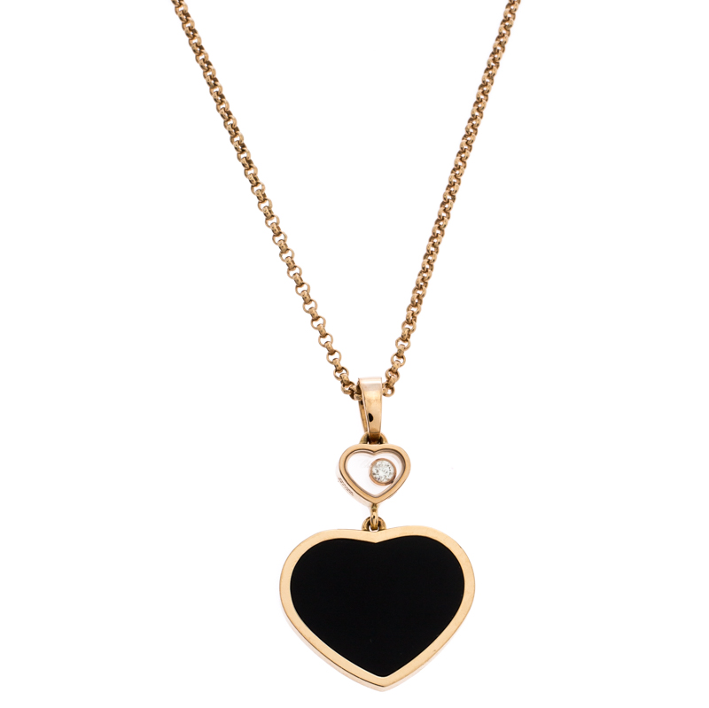 Pre Owned Chopard Happy Hearts Onyx Diamond 18K Rose Gold Pendant Necklace