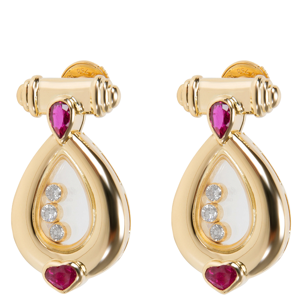 

Chopard Vintage Happy Diamond 18K Yellow Gold Diamond Rubies Drop Earrings