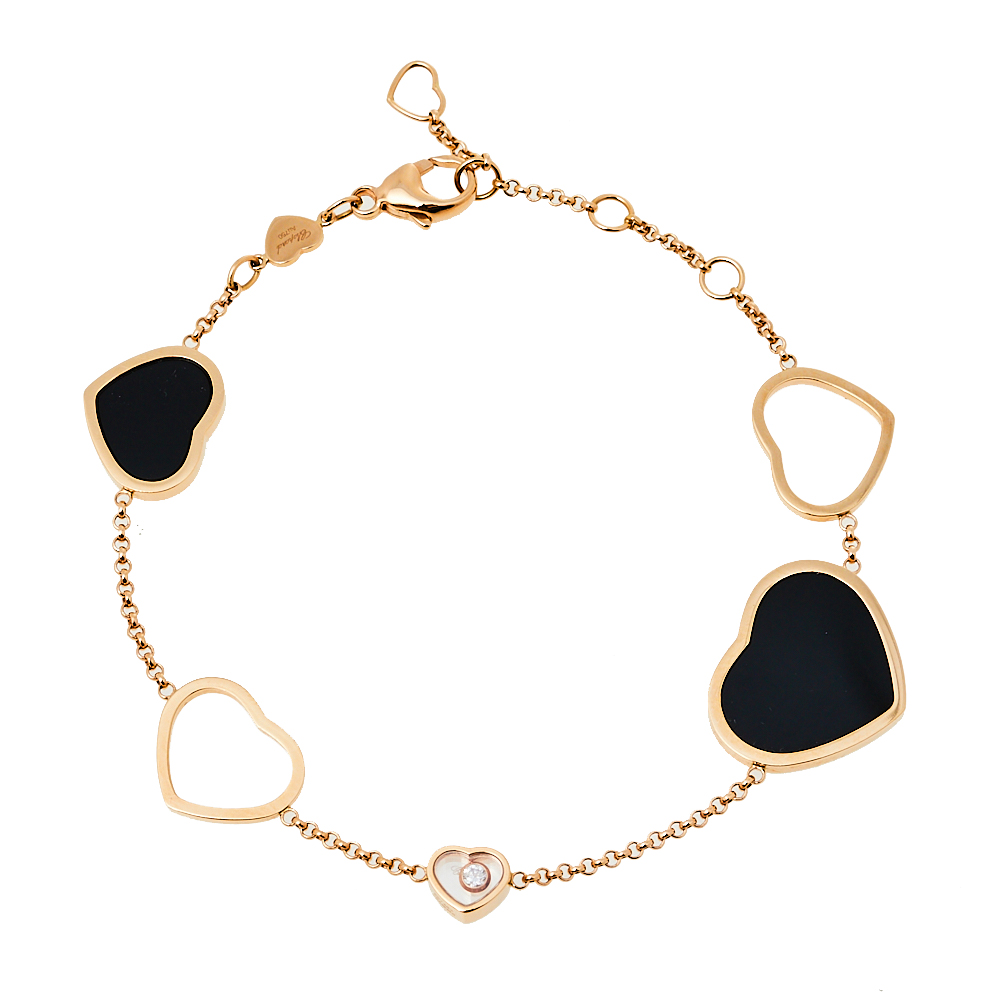 Pre-owned Chopard Happy Hearts Diamond Onyx 18k Rose Gold Bracelet