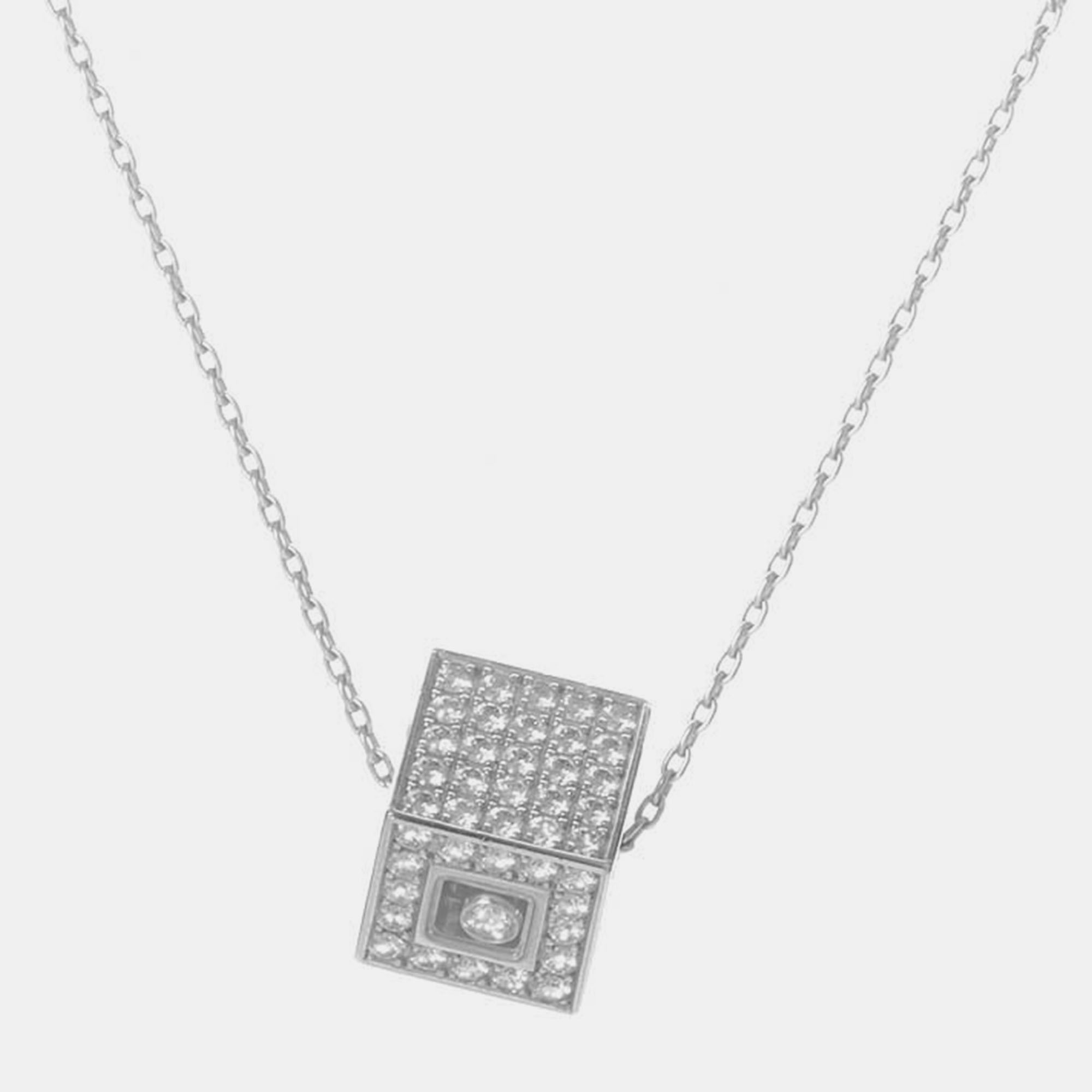 This pendant necklace is luxurious and glamorous. It is made of 18K white gold and boasts a cube shaped pendant set with an outstanding diamond pave.