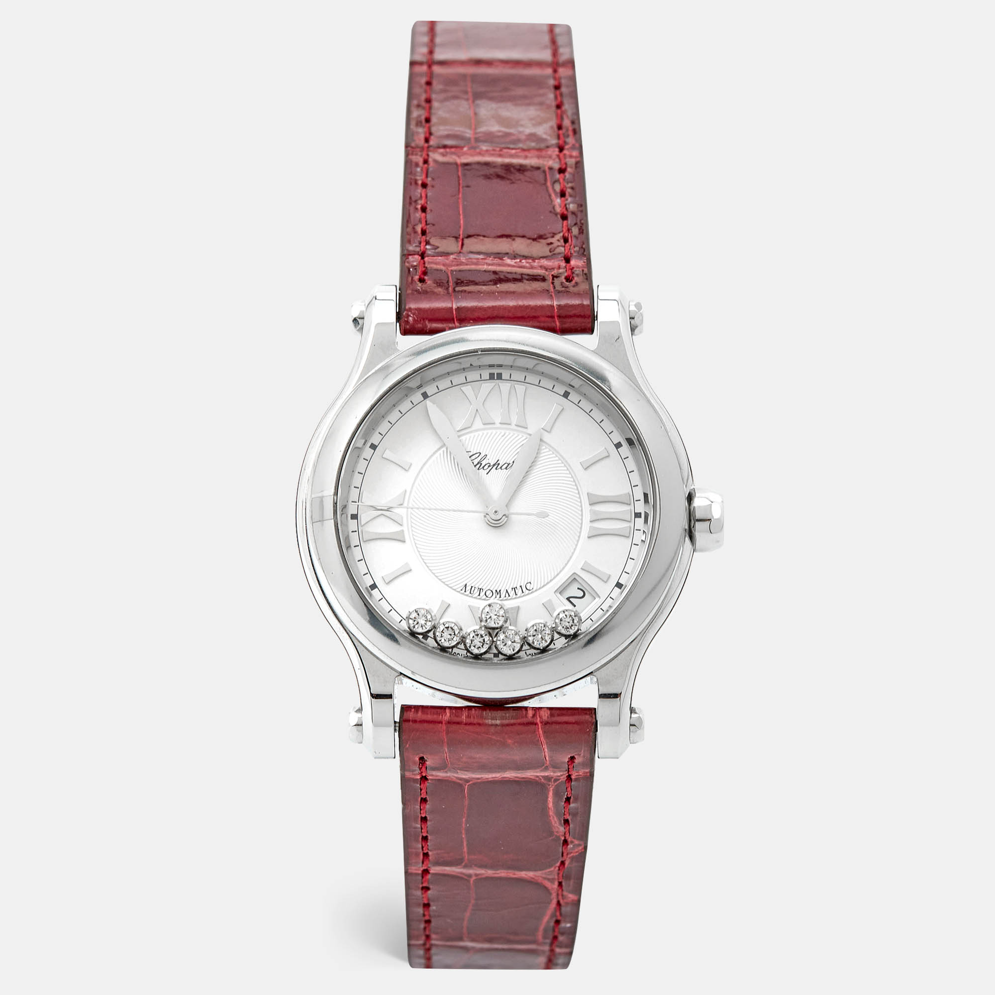 

Chopard Silver Diamond Stainless Steel Alligator Leather Happy Sport, Burgundy