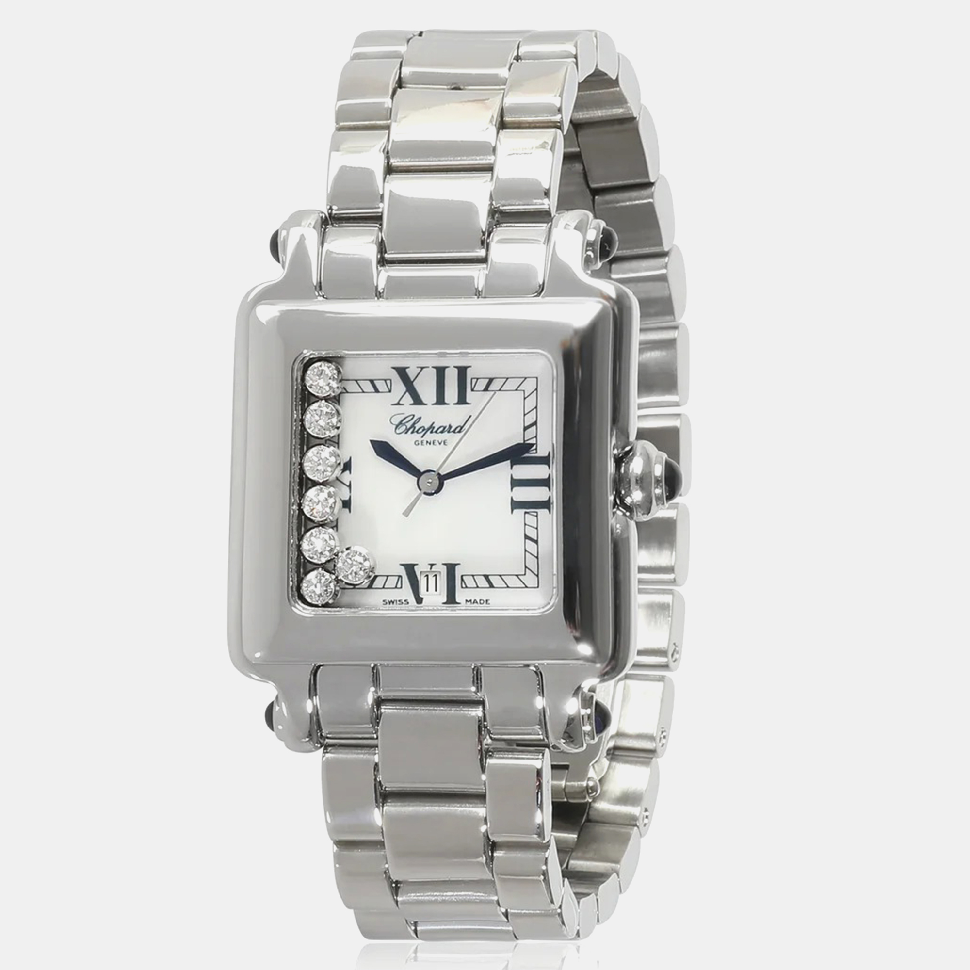 Pre-owned Chopard White Mother Of Pearl Diamond Stainless Steel Happy Sport 27/8349-23 Quartz Women's Wristwatch 27 Mm