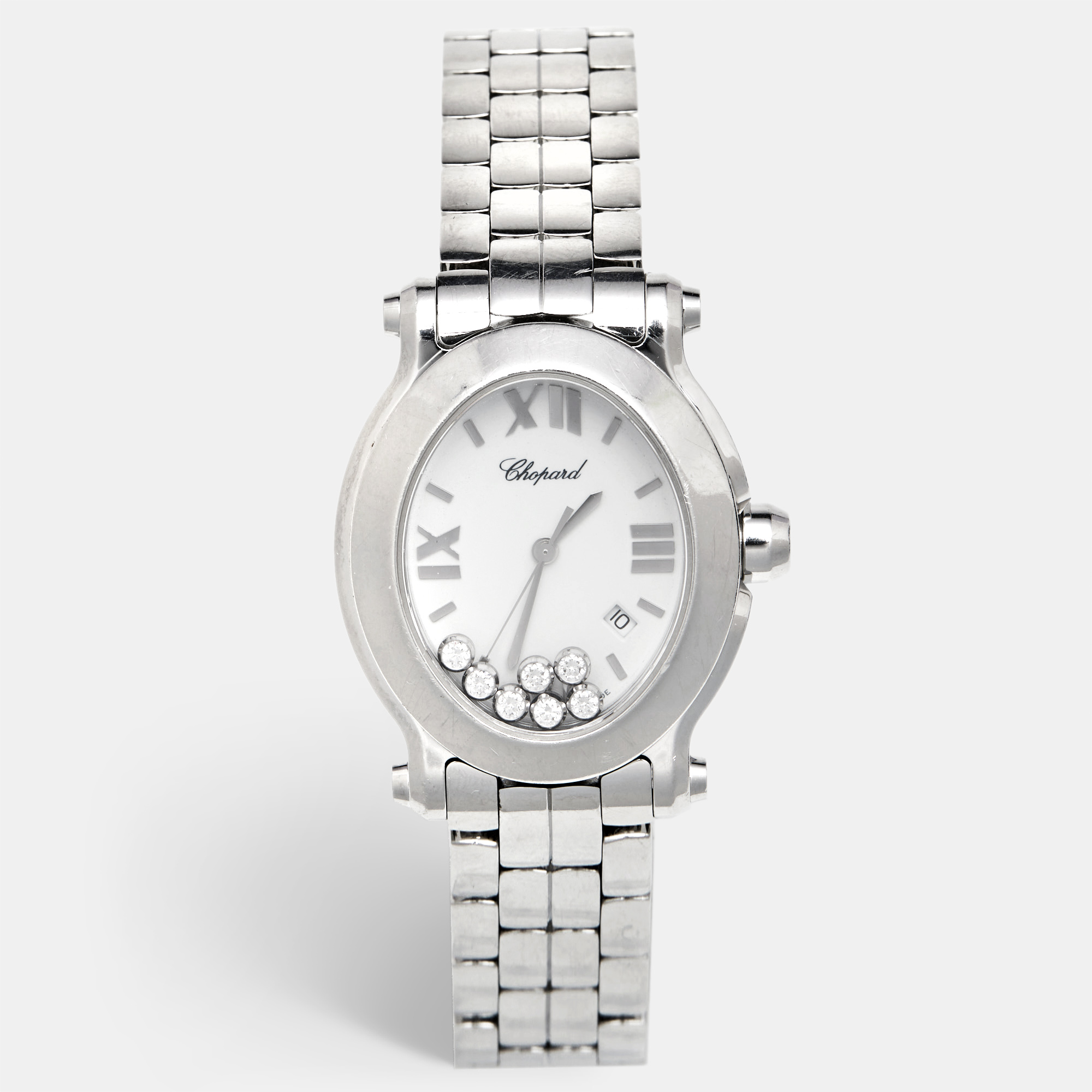 Pre-owned Chopard White Stainless Steel Diamond Happy Sport 8546 Women's Wristwatch 30 Mm In Silver