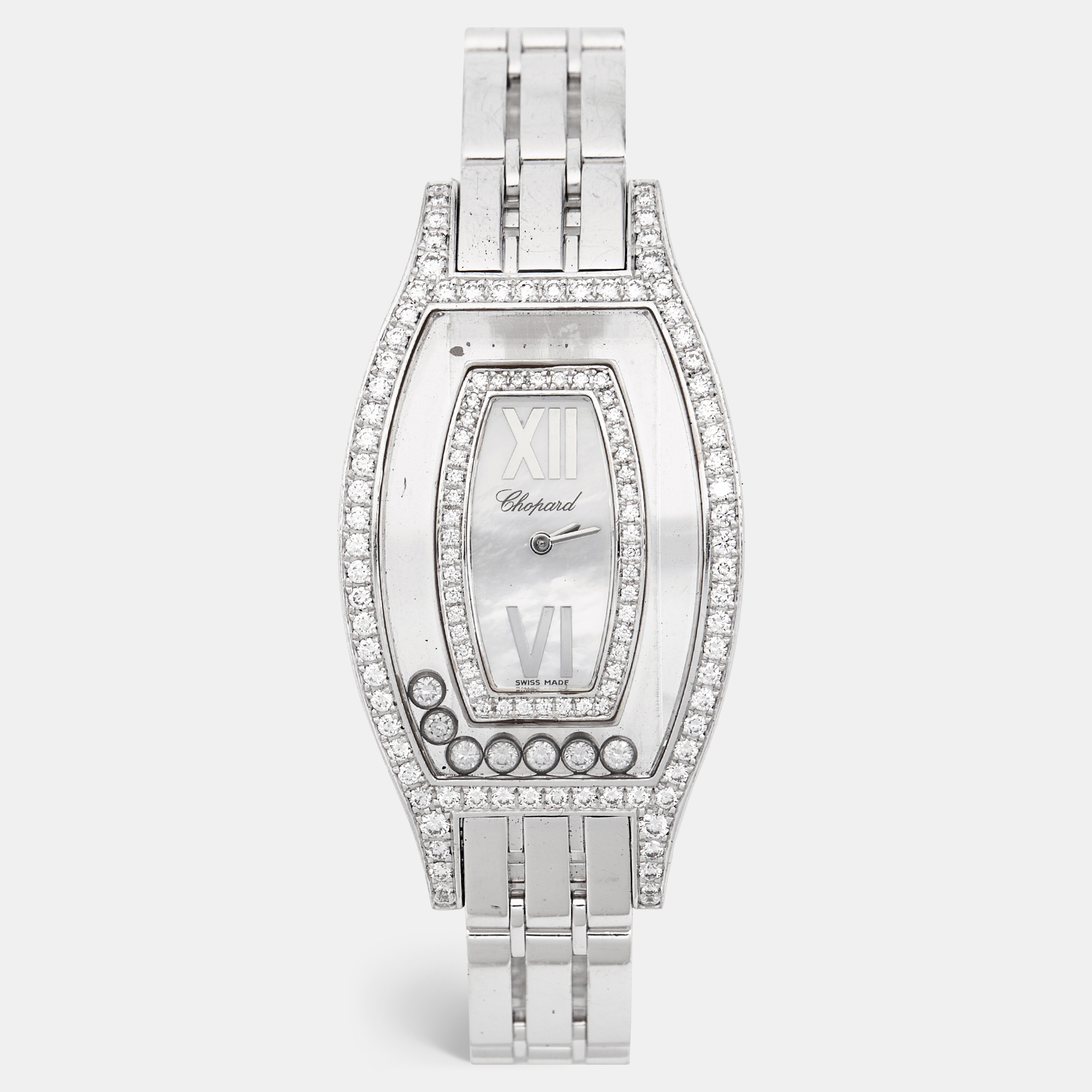 Pre-owned Chopard Mother Of Pearl Diamonds 18k White Gold Happy Diamonds 20/9029 Women's Wristwatch 28 Mm