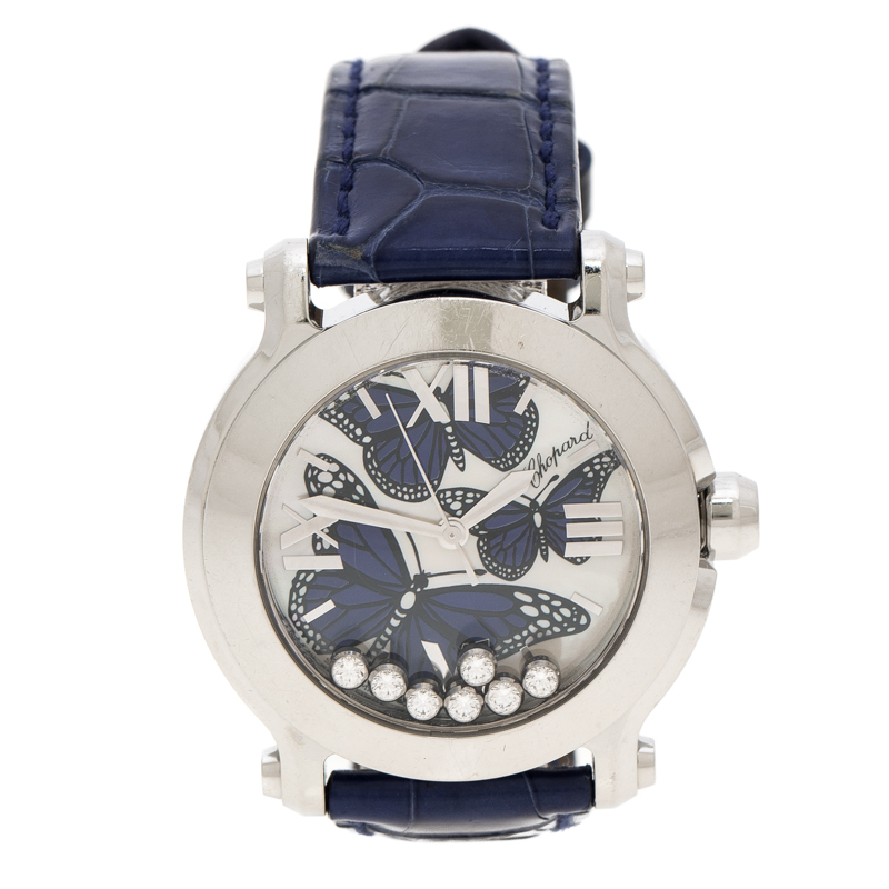 Pre Owned Chopard Blue Mother of Pearl Stainless Steel Happy Sport Diamonds Limited Edition 278475-3013 Women's Wristwatch 34 mm
