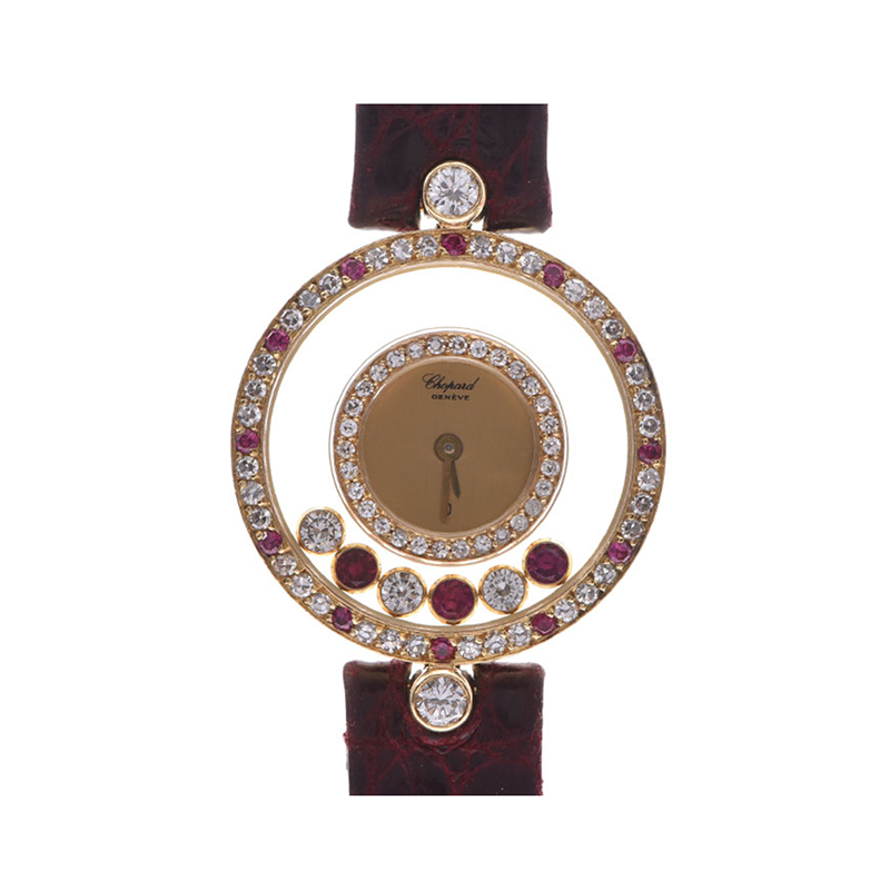 Chopard Champagne 18K Yellow Gold Ruby And Diamonds Happy Women's Wristwatch 23 MM