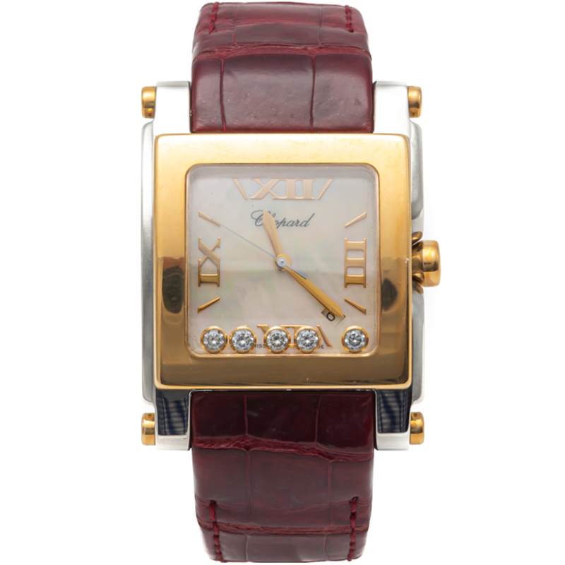 Pre Owned Chopard White Mother Of Pearl Happy Sport Steel & Yellow Gold Diamond Watch 36MM