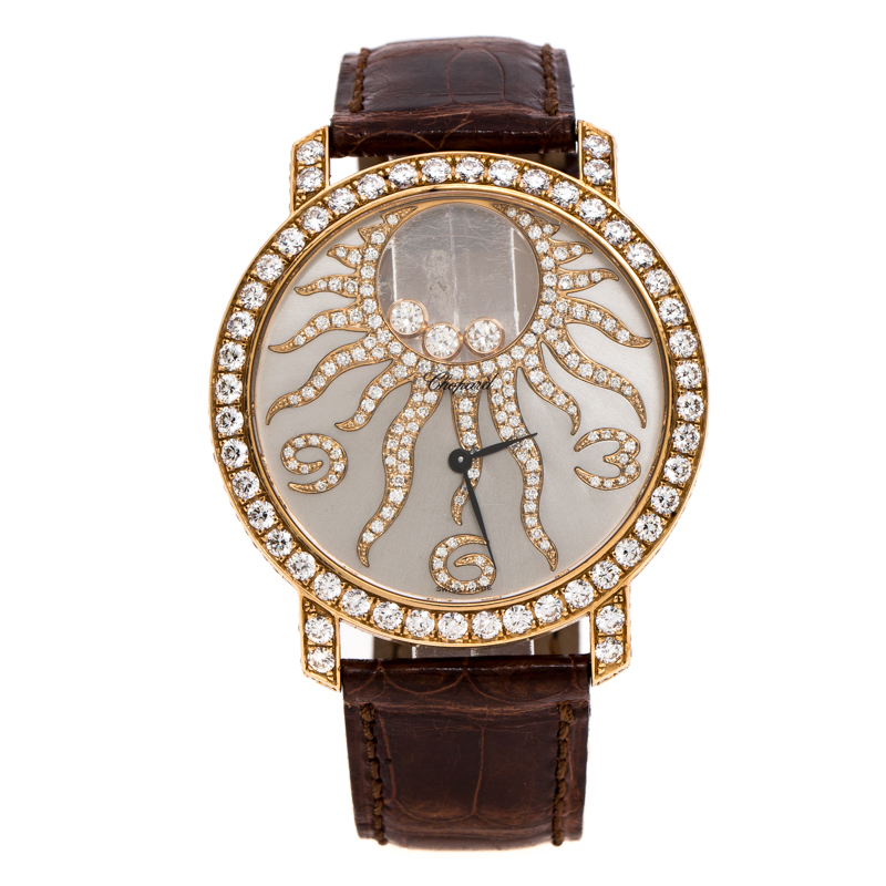 Pre Owned Chopard Silver Grey Sun Motif 18K Rose Gold Happy Diamonds 4176 Women's Wristwatch 40 mm