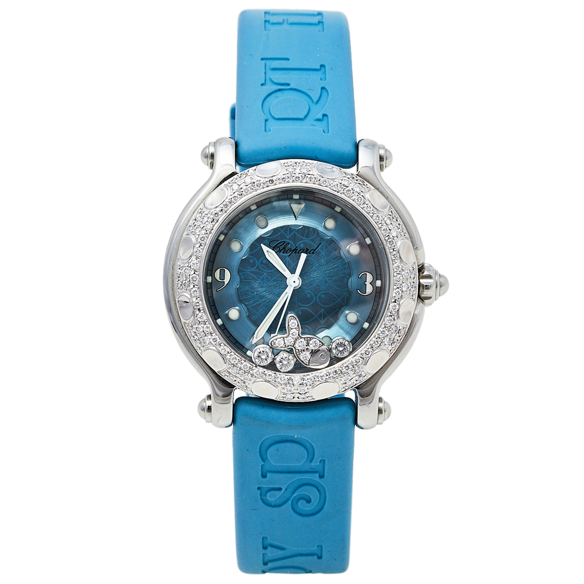Pre-owned Chopard Blue Diamonds Stainless Steel Rubber Happy Sport 27/8921 Quartz Women's Wristwatch 32mm