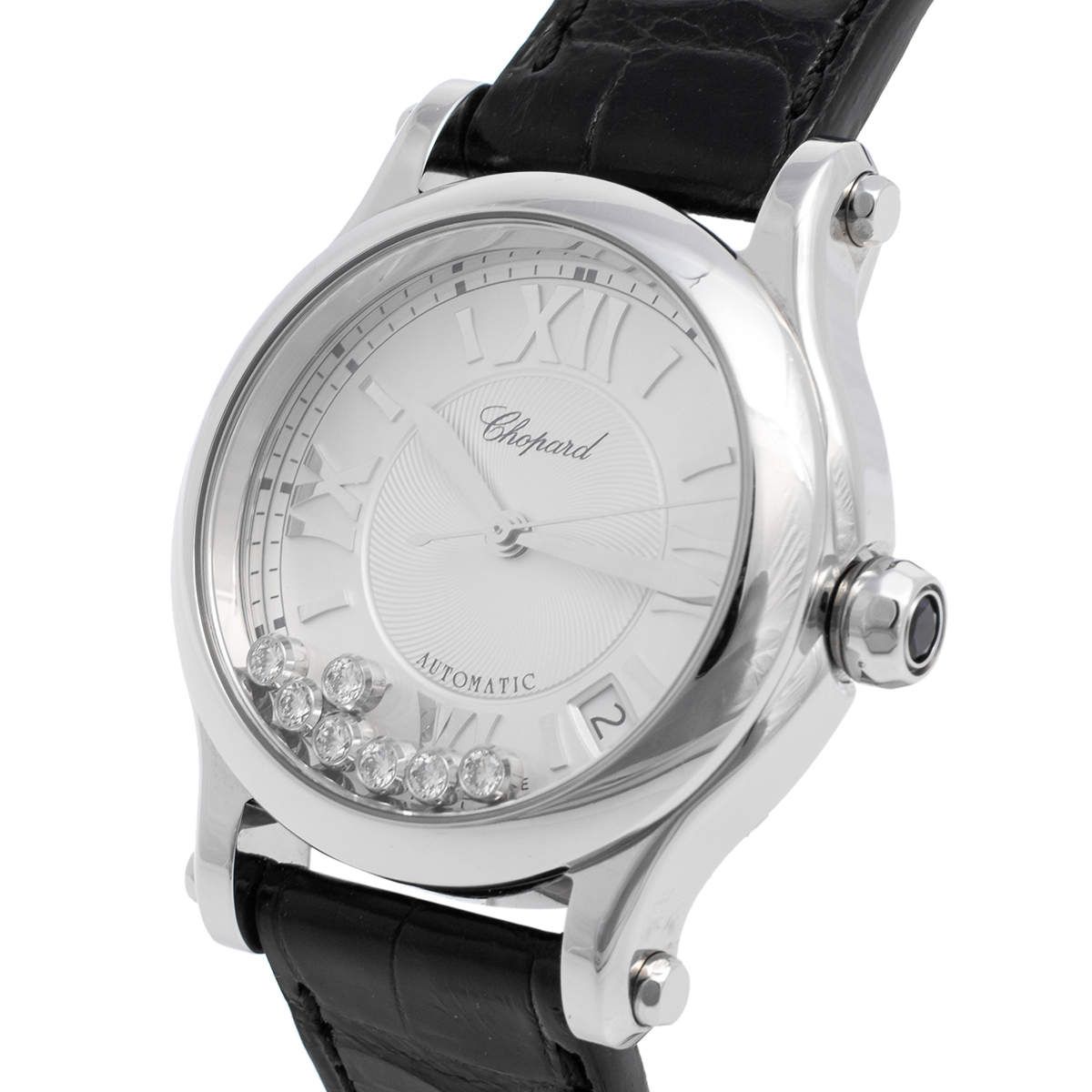 

Chopard Stainless Steel Leather Happy Sport Floating Diamonds, White