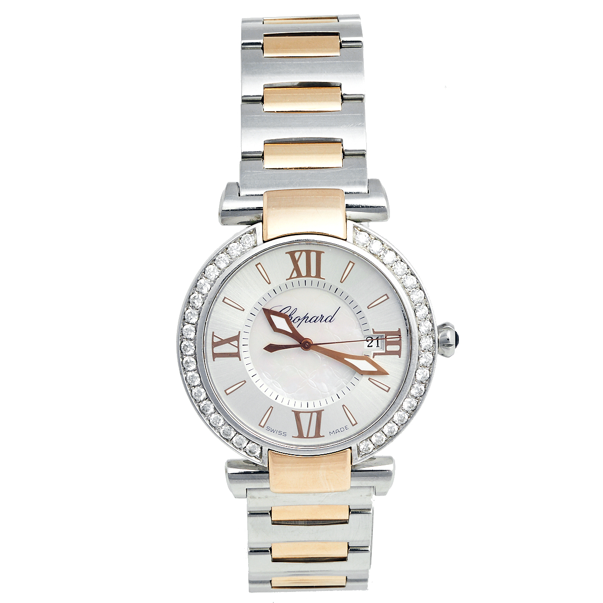 Pre-owned Chopard Silver Mother Of Pearl 18k Rose Gold Stainless Steel Diamond Imperiale 388532-6004 Women's Wristwatc In White