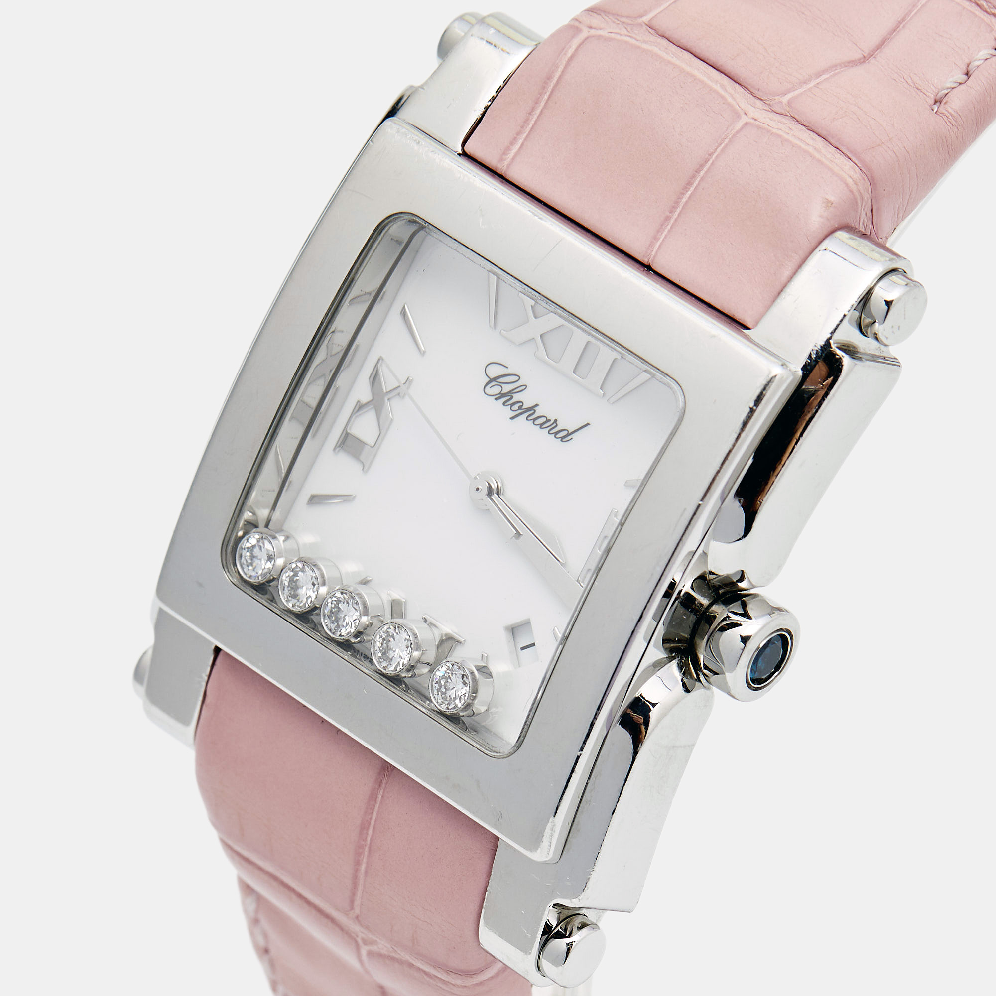 

Chopard White Stainless Steel Diamond Alligator Leather Happy Sport, Pink