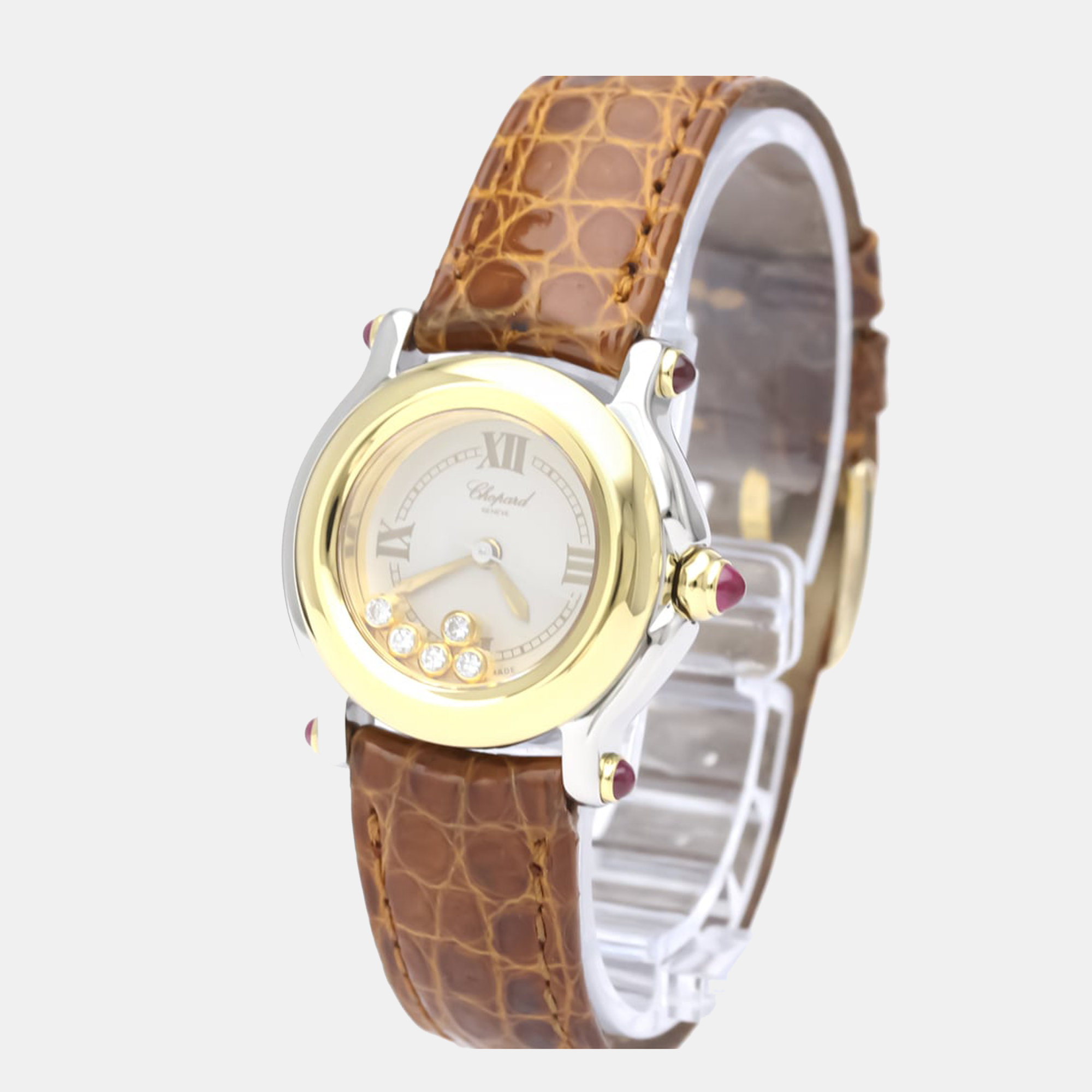 Pre Owned Chopard White Diamond 18k Yellow Gold And Stainless Steel Happy Sport 27/8246-21 Quartz Women's Wristwatch 26 mm