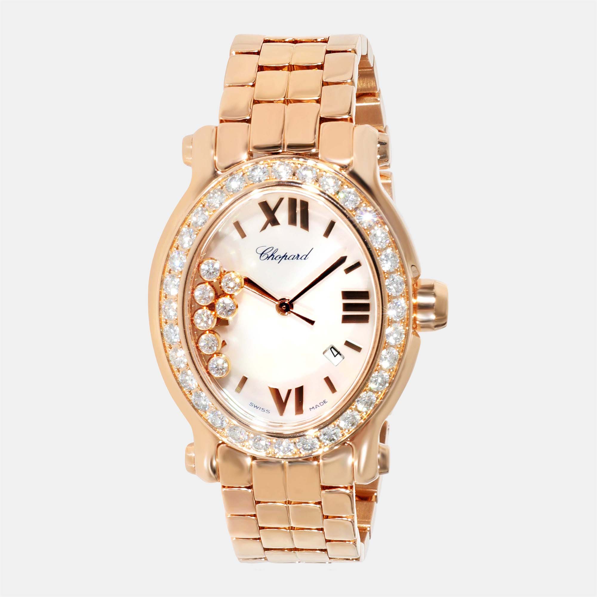 Pre-owned Chopard Silver Diamonds 18k Rose Gold Happy Sport 275350-5004 Women's Wristwatch 30 Mm