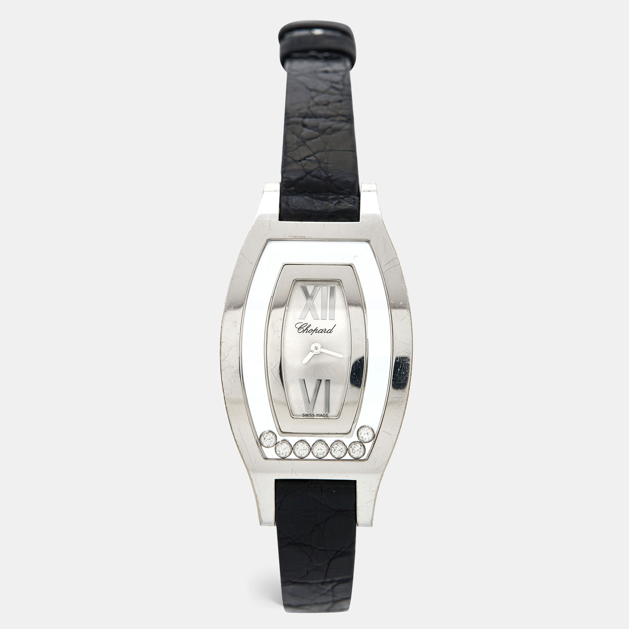 Pre-owned Chopard Silver 18k White Gold Diamond Leather Happy Diamonds 20/9028 Women's Wristwatch 28.5 Mm