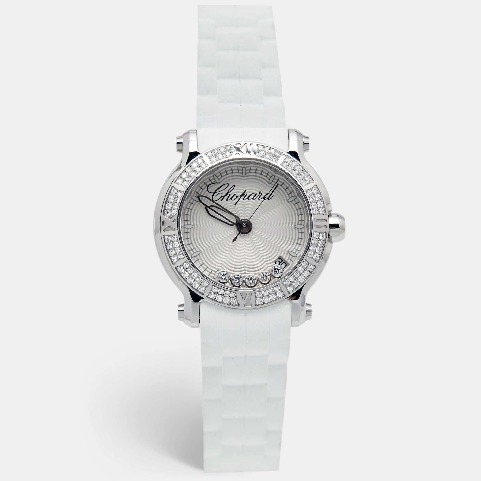 Pre-owned Chopard Silver Stainless Steel Rubber Diamond Happy Sport 278551-3003 Women's Wristwatch 36 Mm In White