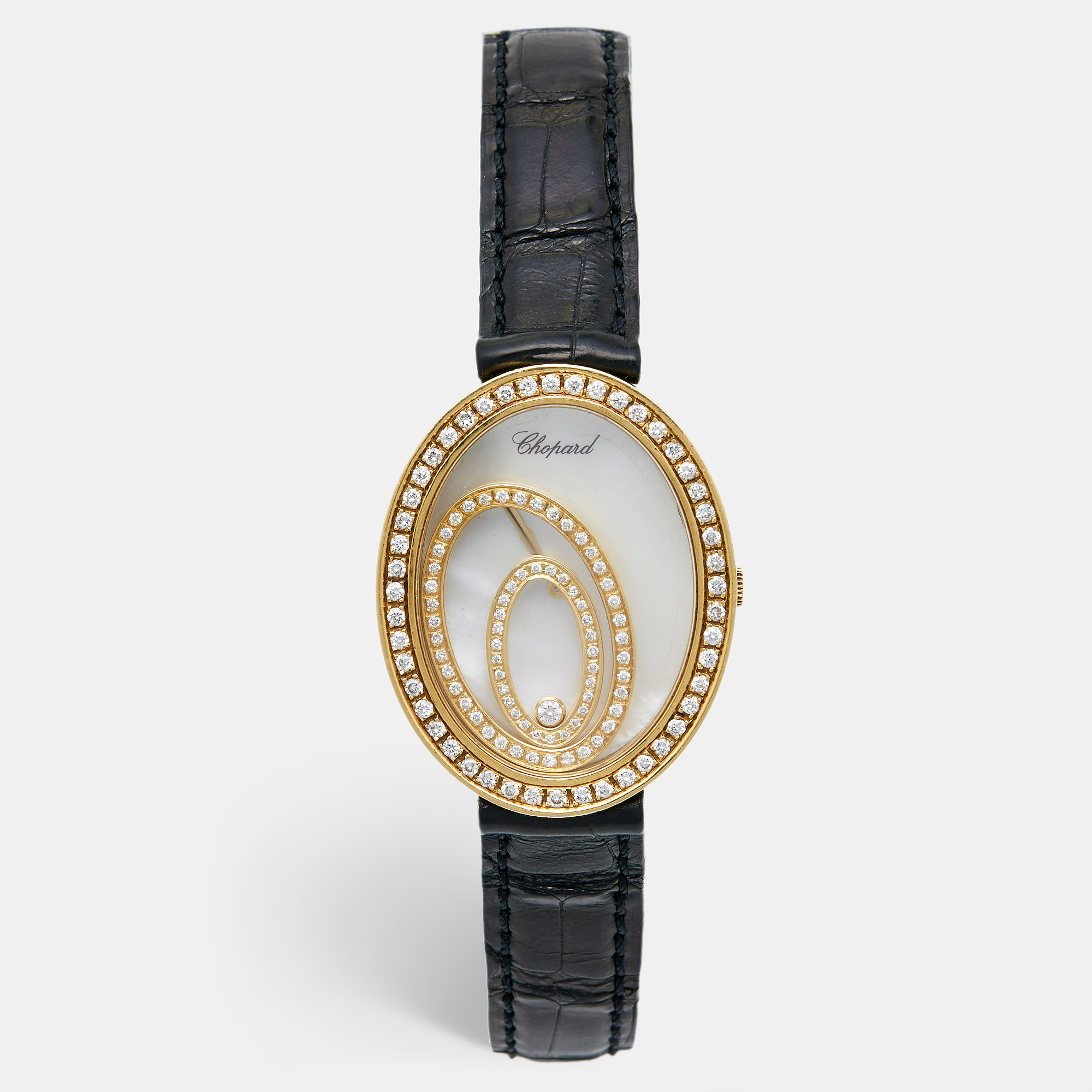 Pre-owned Chopard Mother Of Pearl 18k Yellow Gold Diamond Alligator Leather Happy Spirit Women's Wristwatch 30 Mm In Black