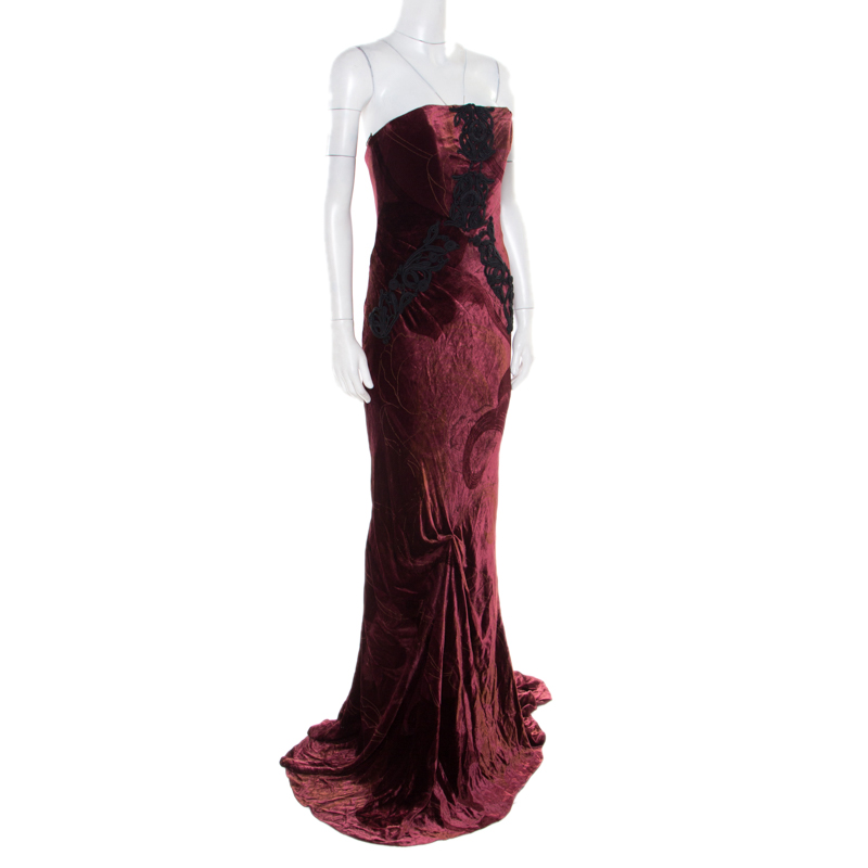 

Christian Lacroix Burgundy Velvet Cord Embroidered Strapless Evening Gown