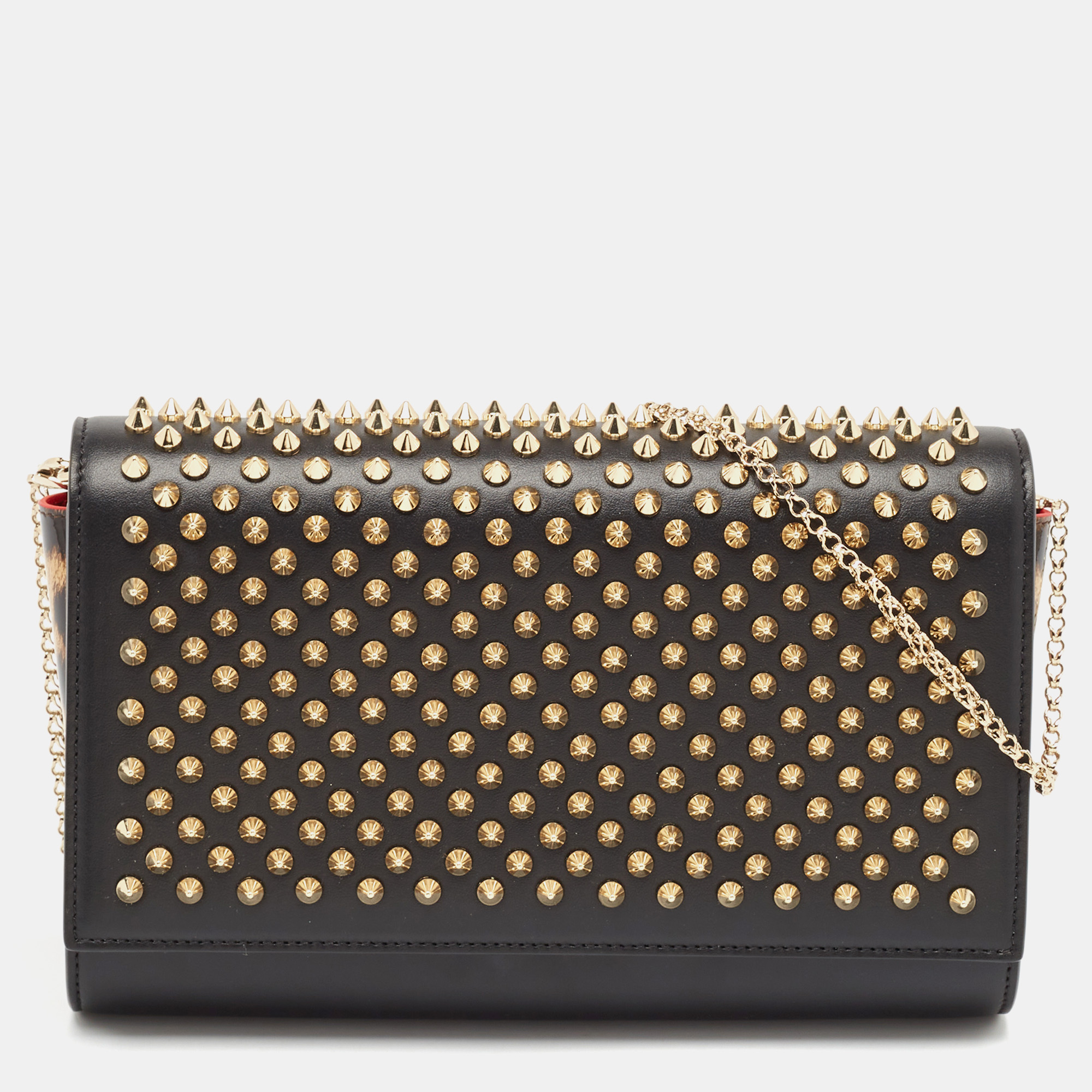 

Christian Louboutin Black Leopard Print Patent and Leather Paloma Spiked Chain Clutch