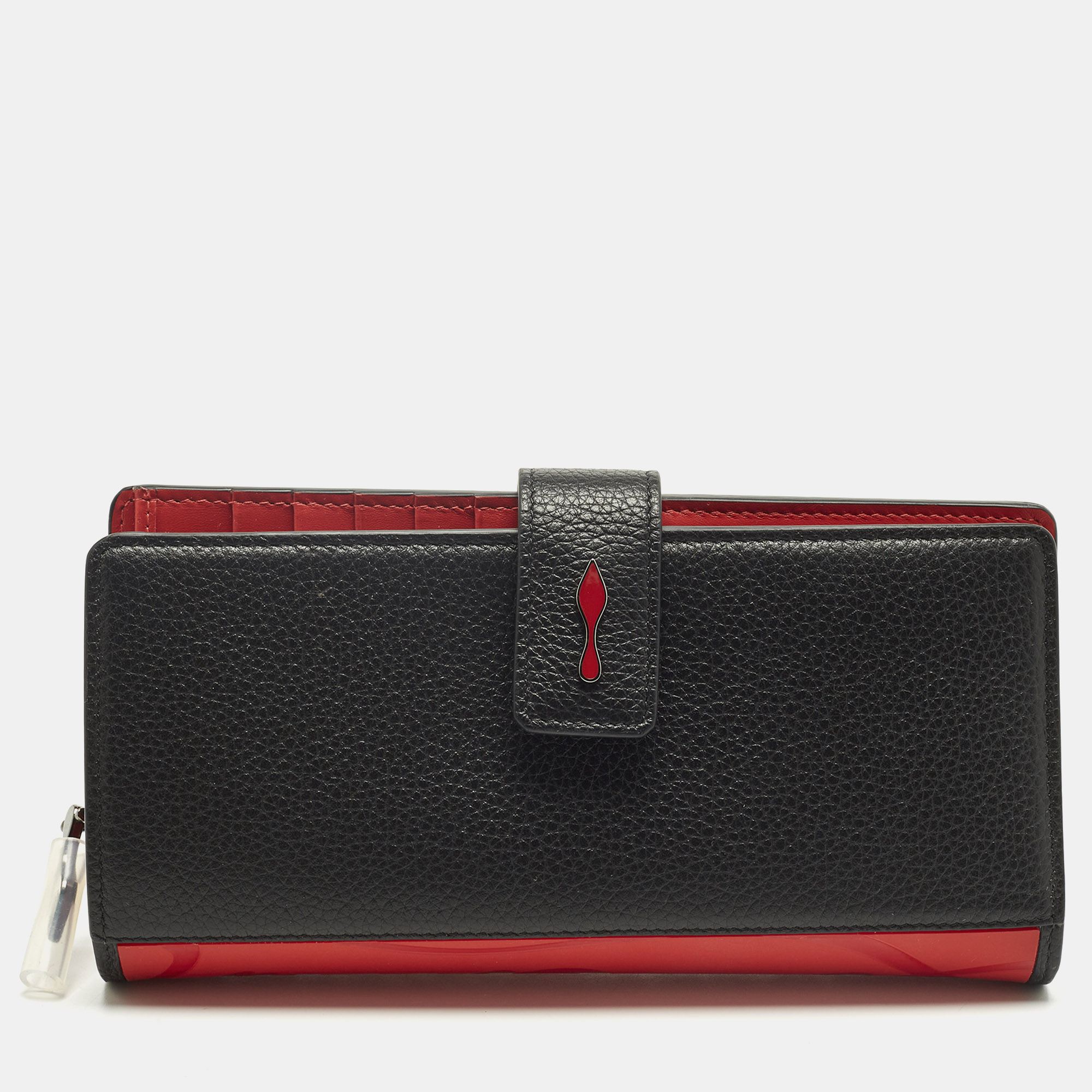 Pre-owned Christian Louboutin Paloma Black/red Leather And Rubber Zip Around Wallet