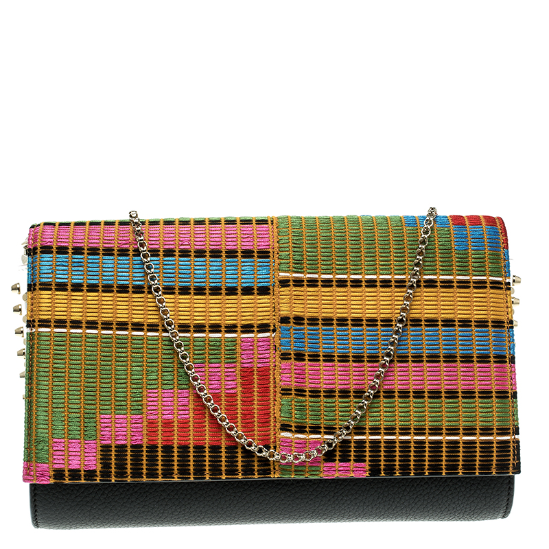 Christian Louboutin Black/Multicolor Leather and Embroidered Fabric Paloma Chain Clutch