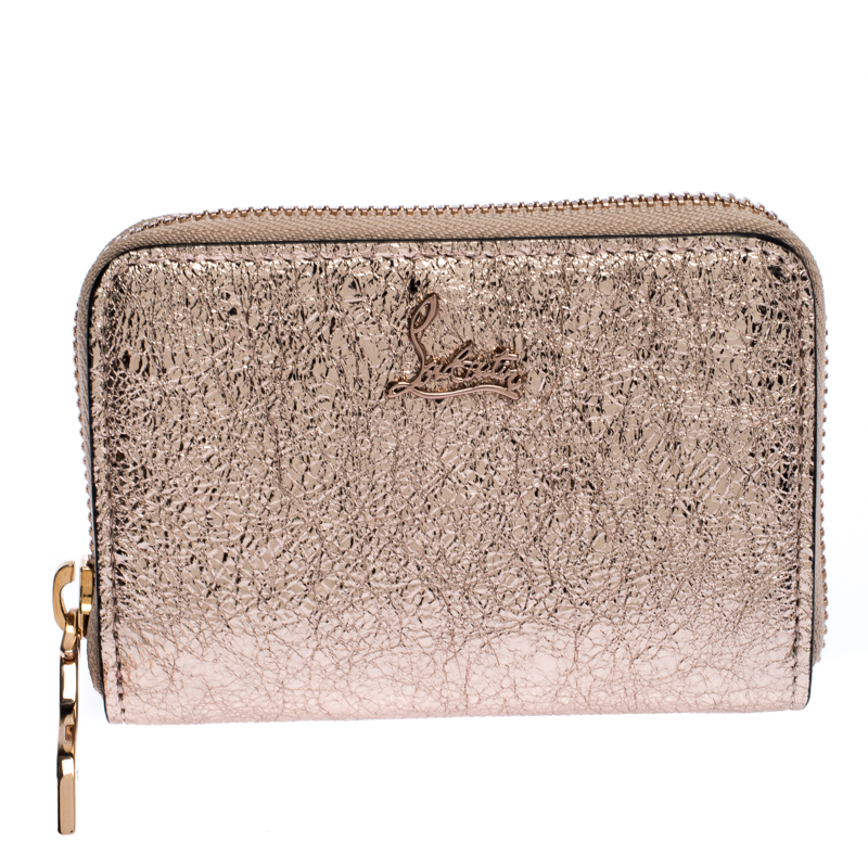 Pre Owned Christian Louboutin Rose Gold Crackled Leather Panettone Wallet