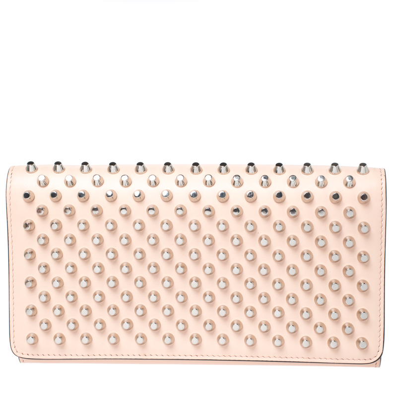 Christian Louboutin Beige Leather Macaron Studded Wristlet Flap Wallet 