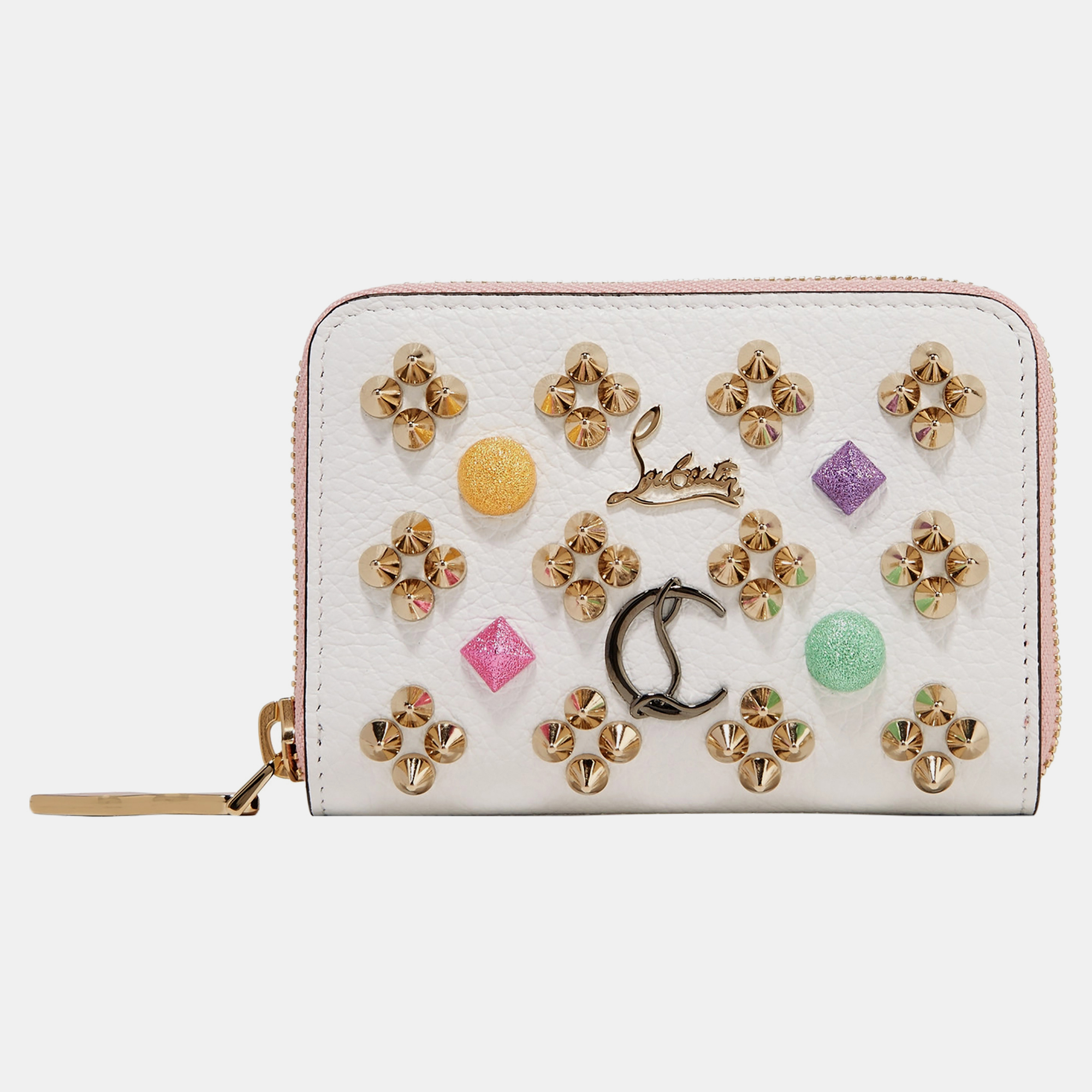 

Christian Louboutin Leather Studded Coin Zip Wallet, White