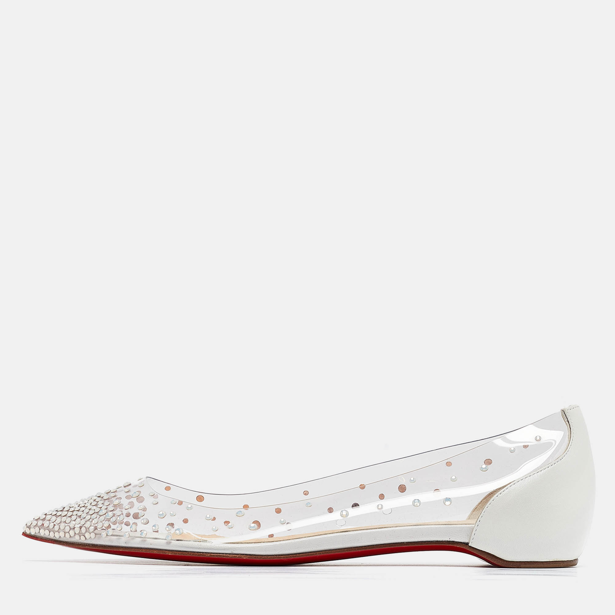 Pre-owned Christian Louboutin White Leather And Pvc Degrastrass Ballet Flats Size 37