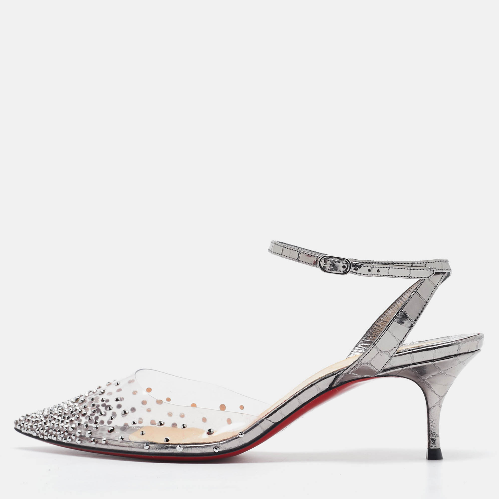 

Christian Louboutin Metallic Grey Embossed Croc and PVC Spikaqueen Ankle Strap Pumps Size