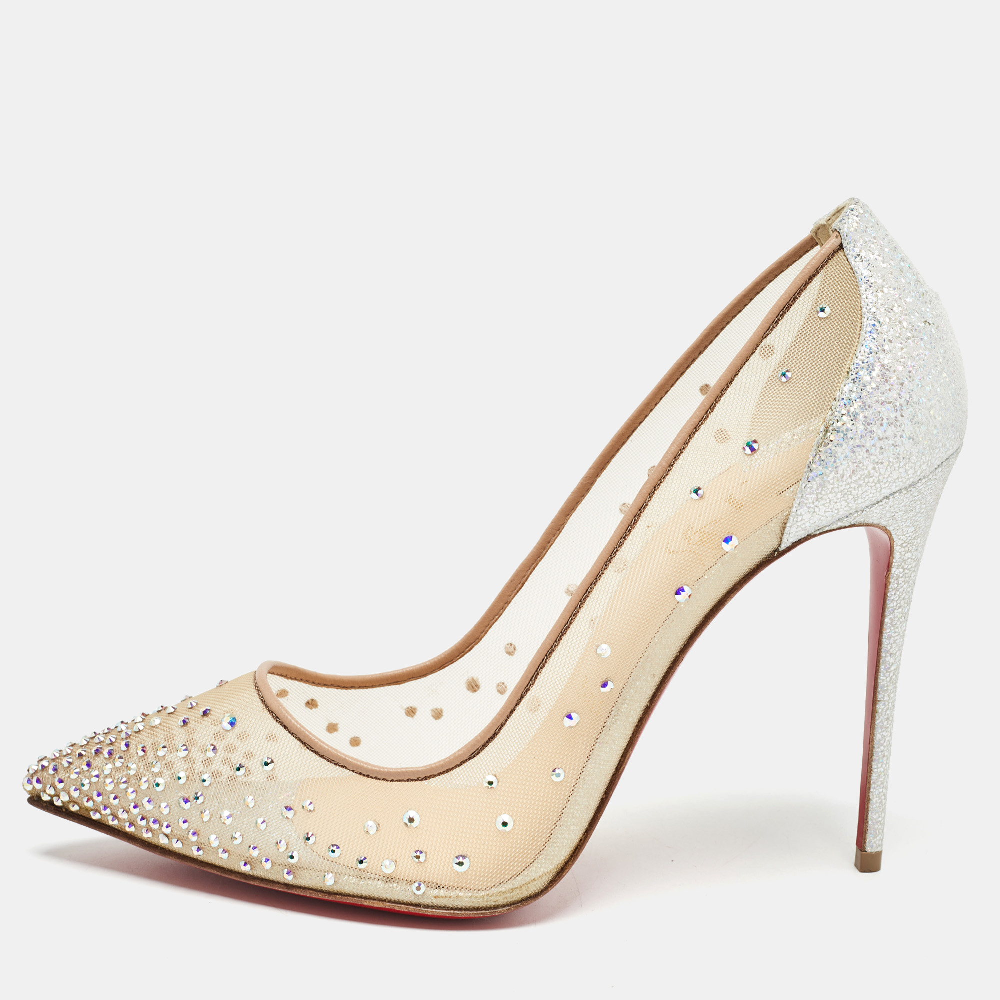 Pre-owned Christian Louboutin Silver/beige Textured Suede And Crystal Embellished Mesh Follies Strass Pumps Size 39