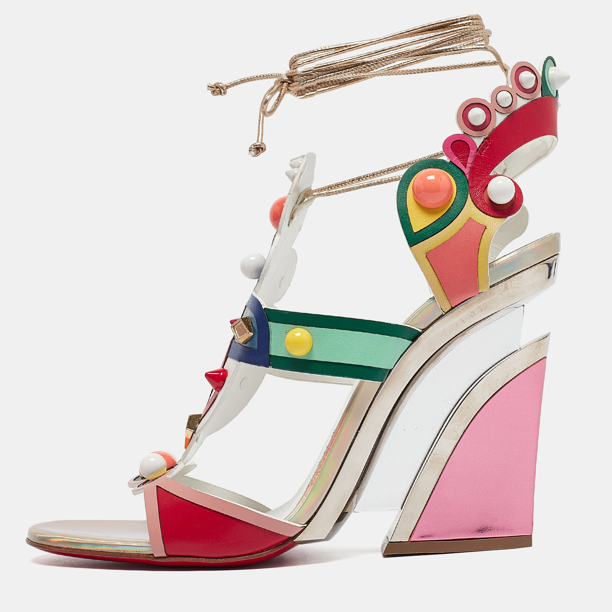 

Christian Louboutin Multicolor Leather Papagaya Levita Wedge Ankle-Wrap Sandals Size