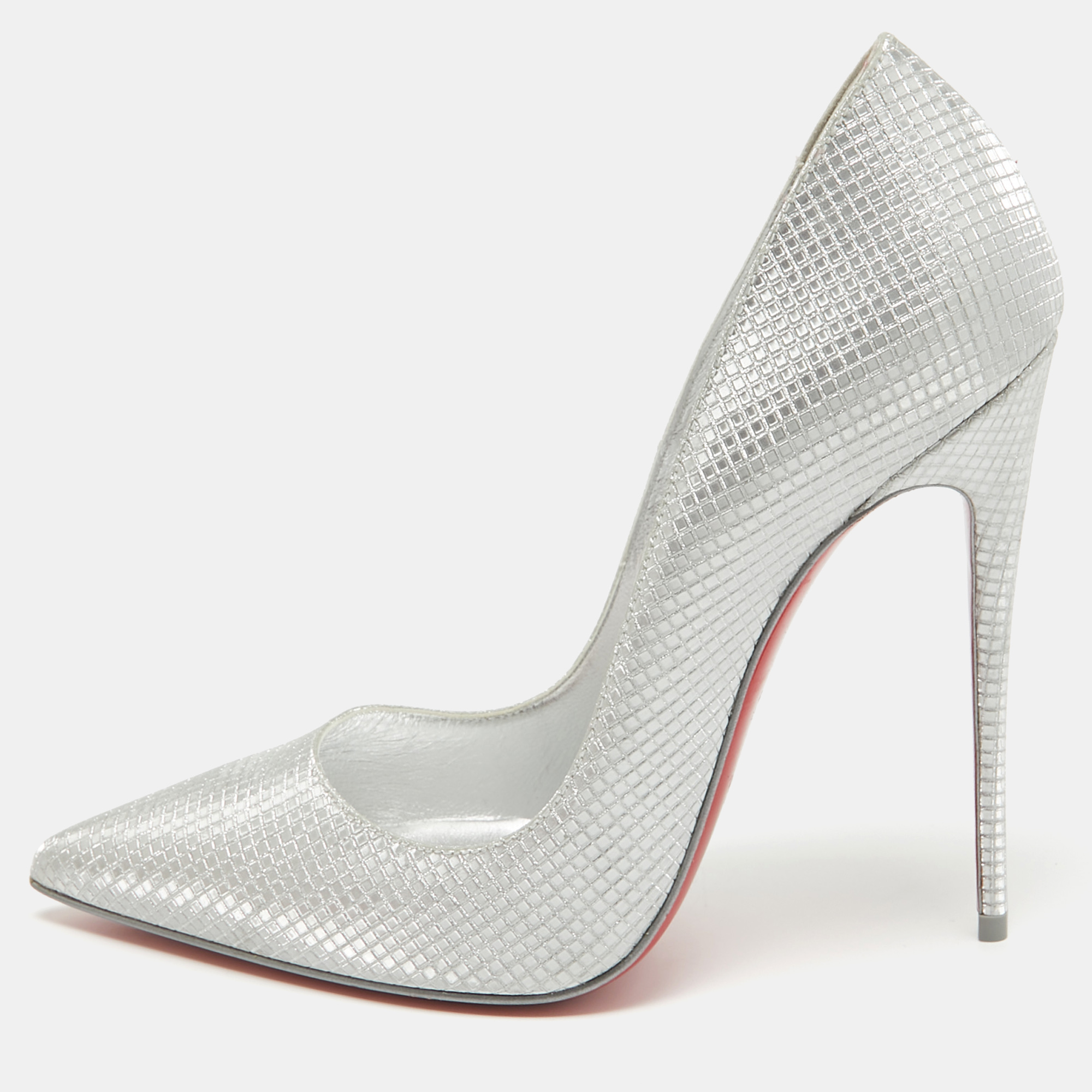 Pre-owned Christian Louboutin Textured Leather So Kate Pumps Size 39 In Silver