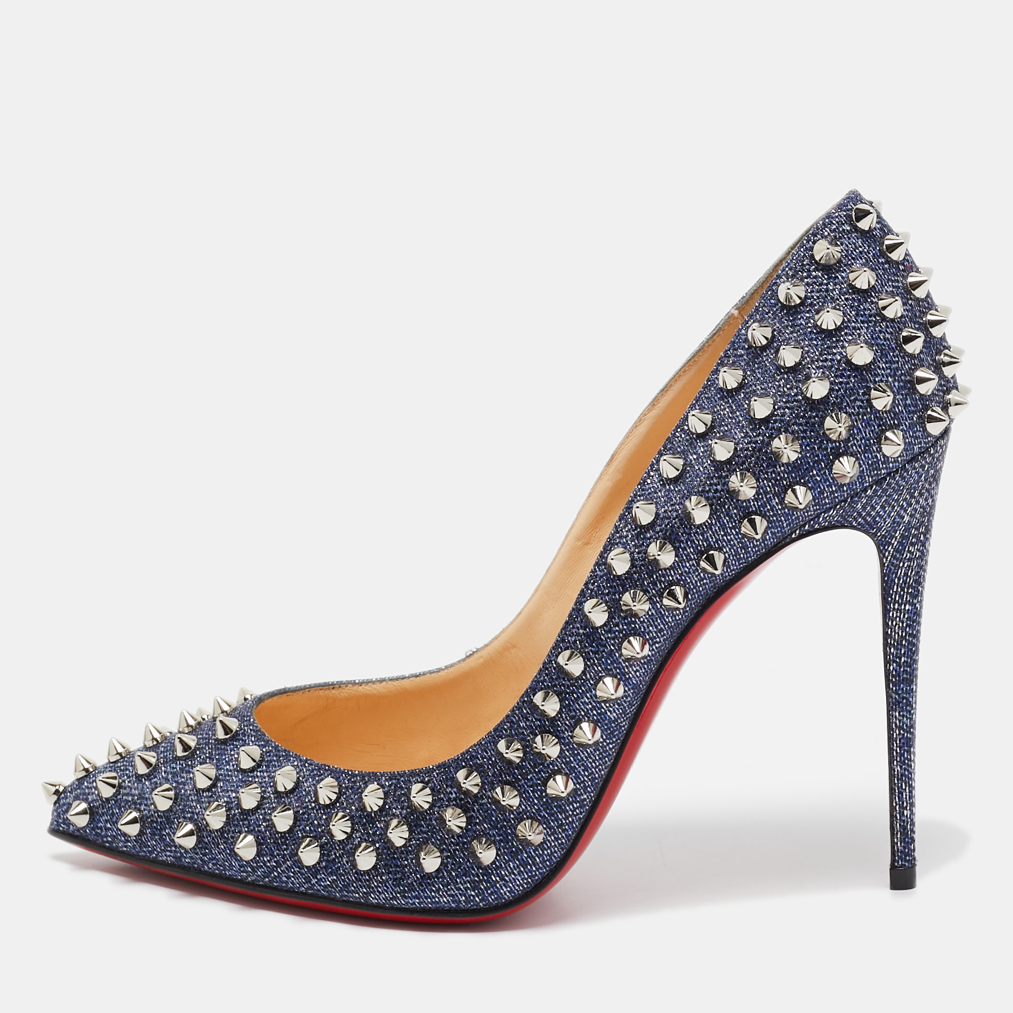 Pre-owned Christian Louboutin Blue Lurex Fabric Pigalle Follies Spikes Pumps Size 38