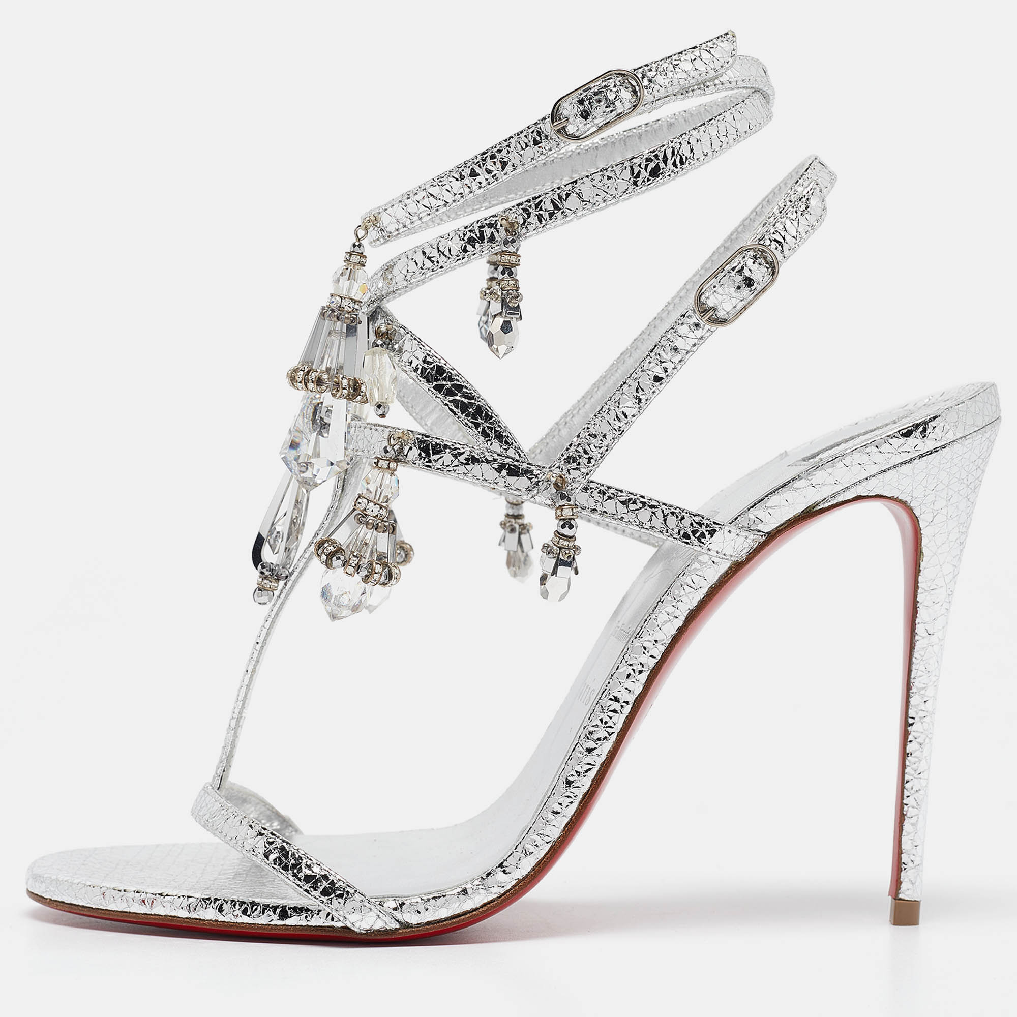 

Christian Louboutin Silver Leather Bombina Pampila Ankle Strap Sandals Size