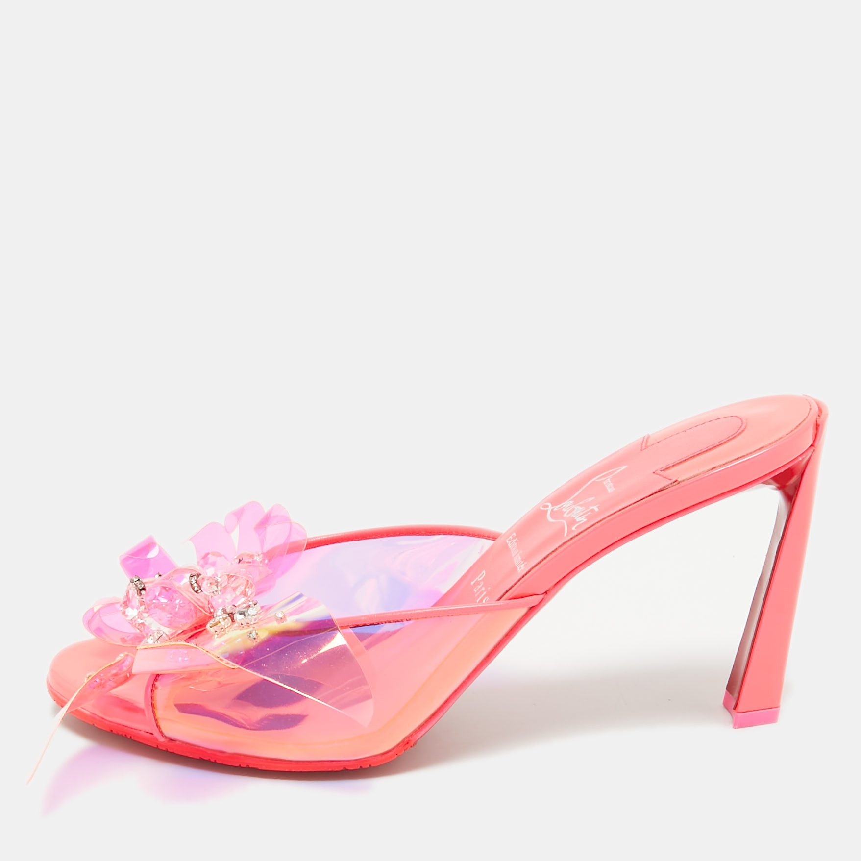 Pre-owned Christian Louboutin Neon Pink Pvc Embellished Alyah Slide Sandals Size 38