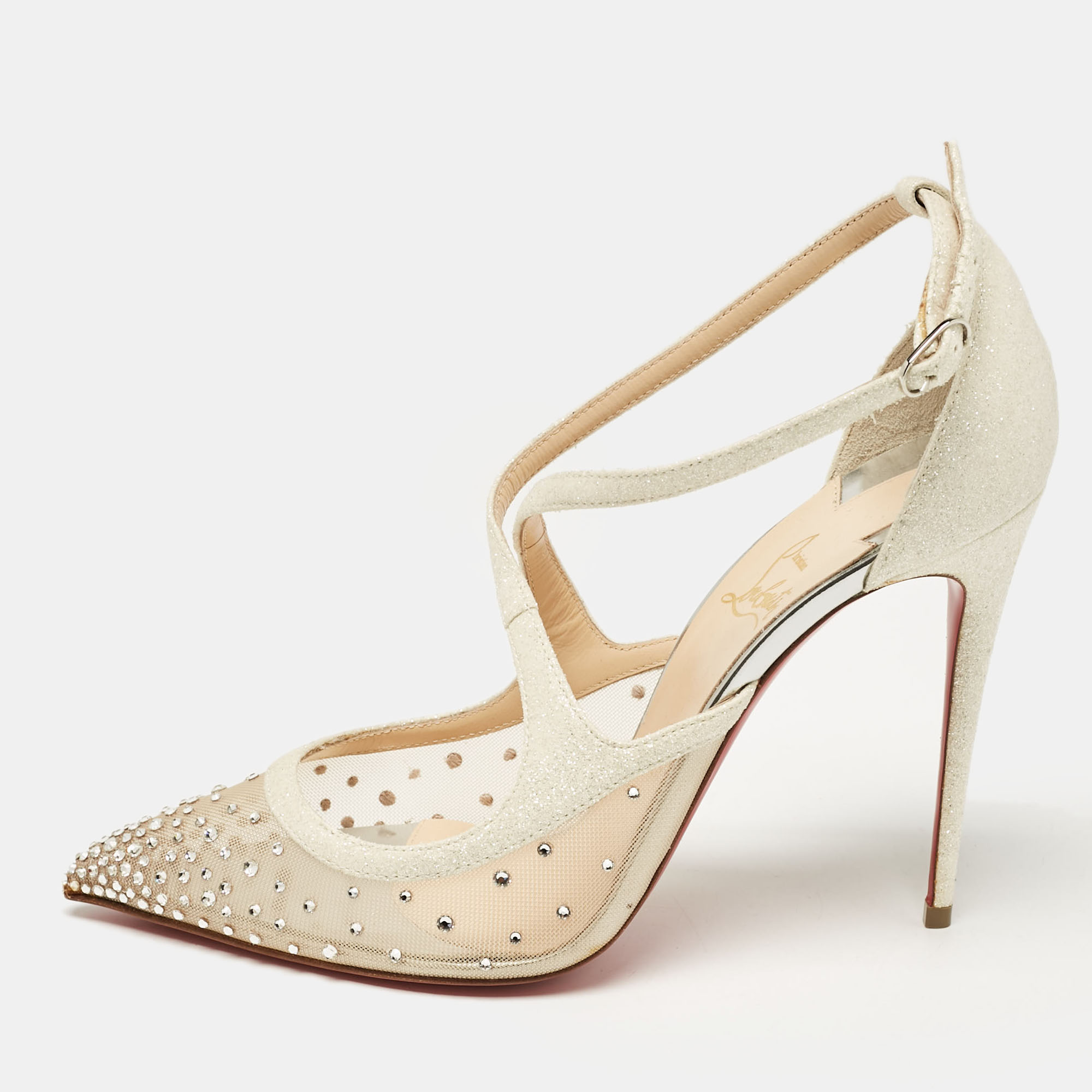 Pre-owned Christian Louboutin Pearl White Glitter Leather And Mesh Strass Twistissima Pumps Size 39